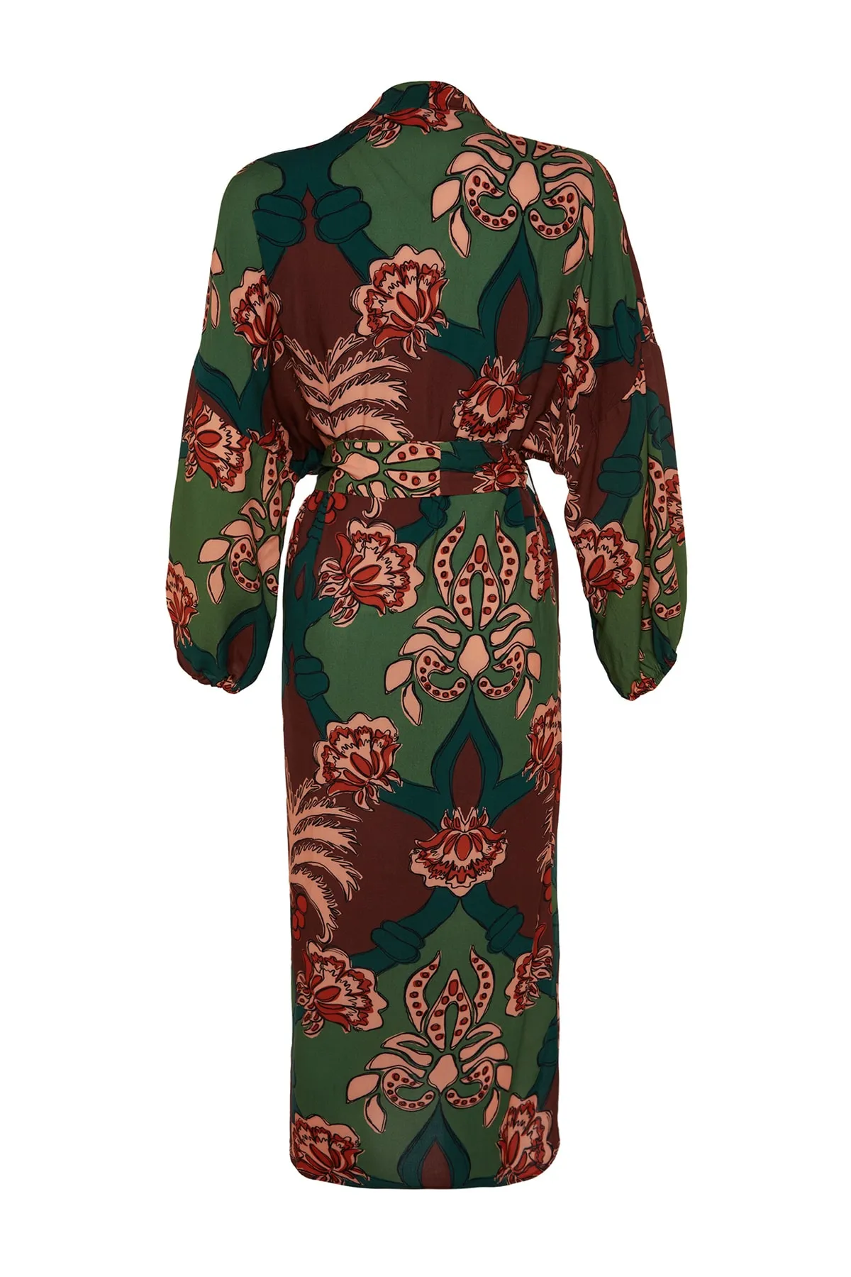 Trendyol Collection  Tropisch gemusterter Maxi-Kimono und Kaftan aus 100 % Baumwolle mit Gürtel TBESS23KM00057