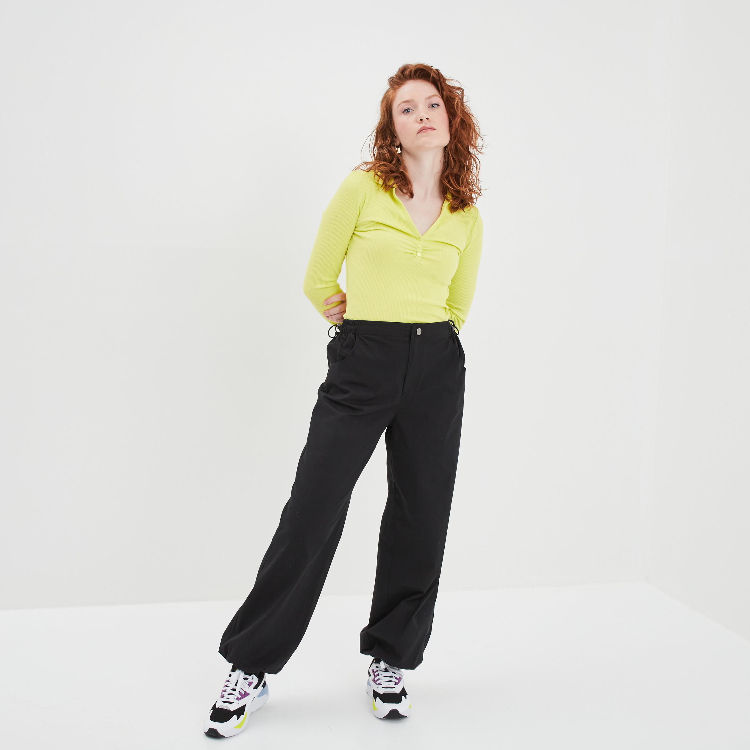 Pantalon droit taille et bas élastiqués noir femme | La Halle