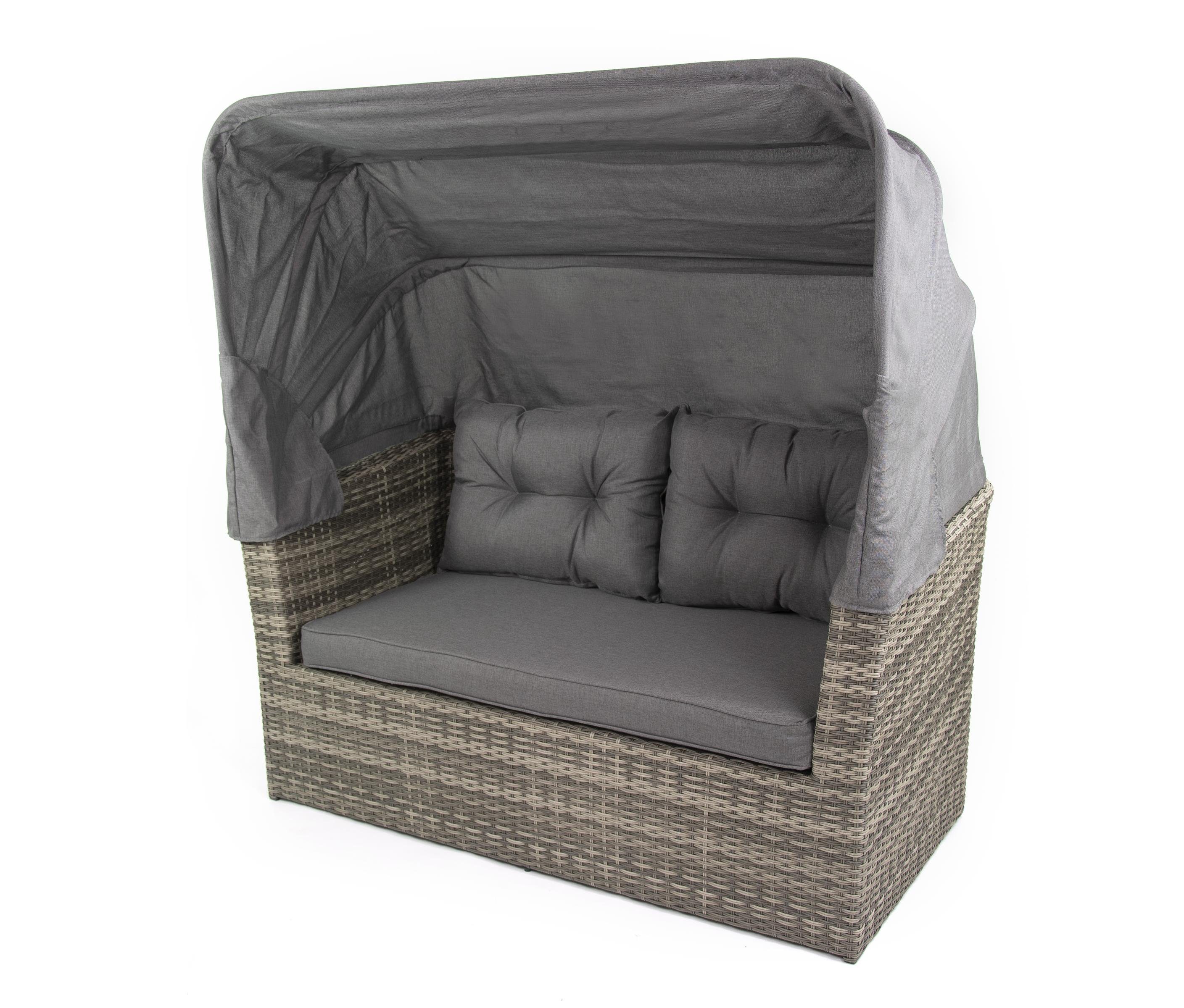 bellavista - Home&Garden® Strandkorb Multifunktionslounge - Strandkorb Long Island, BxTxH: 145x80x152 cm, Modern, (Set, 7-tlg., inkl. Sitz und Rückenkissen), 2-sitzer Sofa ca. 145x80x80,5cm (BxTxH) und 145x80x152cm (BxTxH) mit aufgeklapptem Dach, Fuß