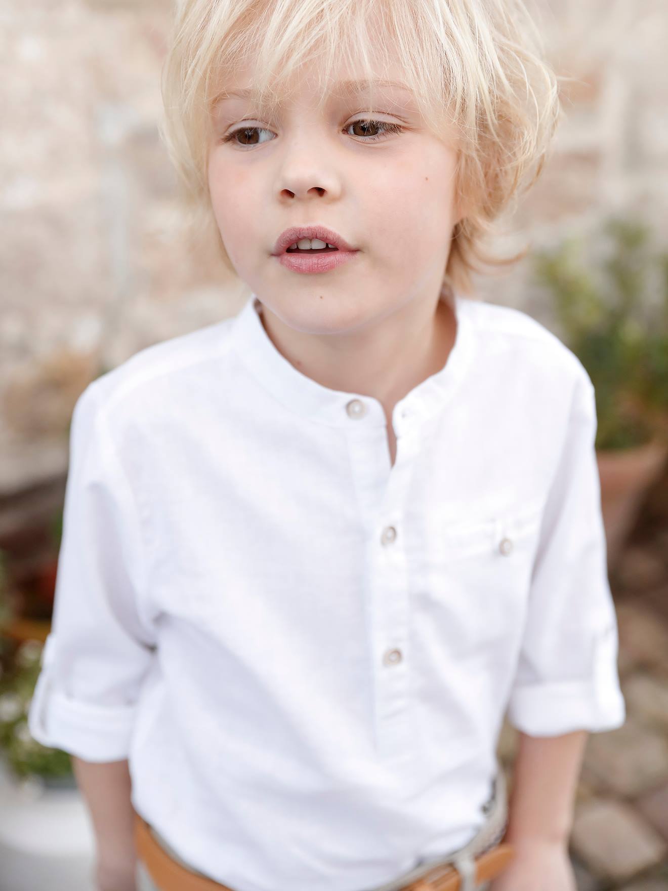 Chemise col Mao garçon en coton/lin manches longues bleu moyen