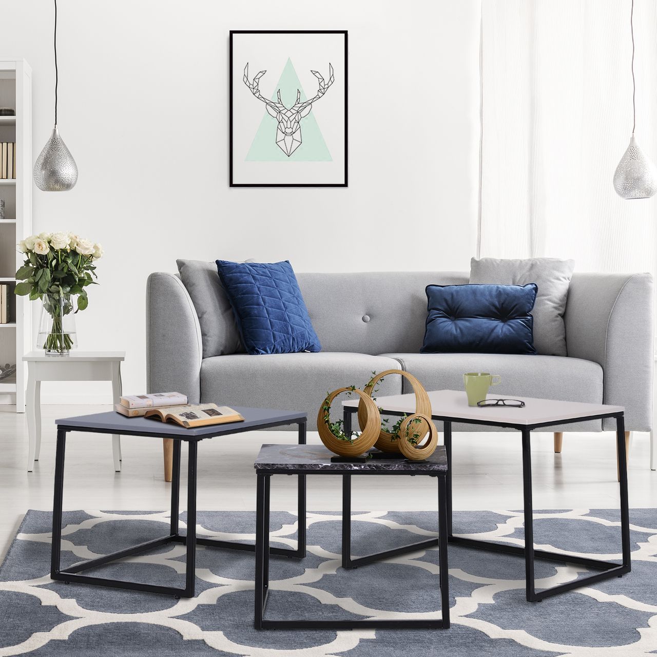 HOMCOM 3er Set Couchtisch Stapeltisch Beistelltisch Kaffeetisch Metallfuß MDF 3 Farben 55 x 40 x 45 cm/48 x 37 x 40 cm/41 x 34 x 35 cm