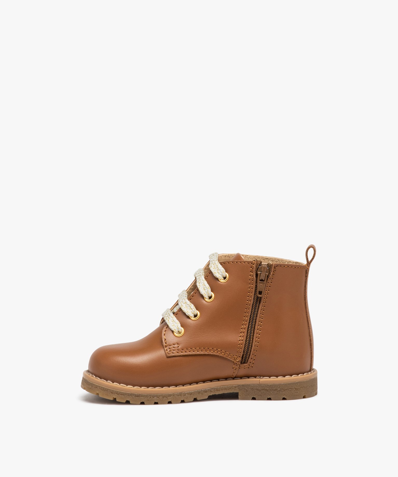 Boots bébé fille en cuir uni avec lacets irisés et à zip camel | GEMO
