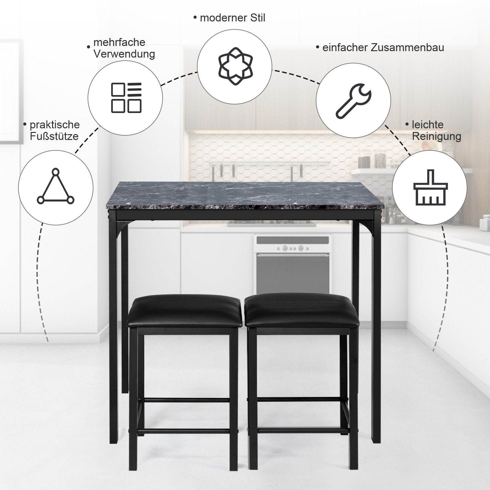 COSTWAY Essgruppe, 3 teilig, Esstisch mit 2 Stühlen, gepolstert, Metall