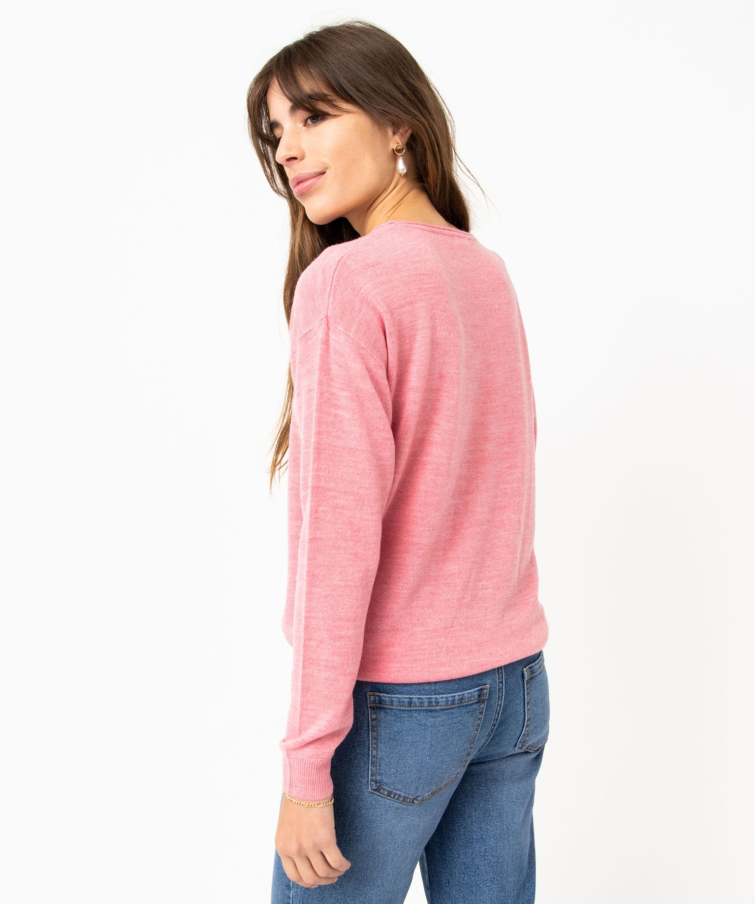 Pull à col rond finitions roulottées femme rose | GEMO