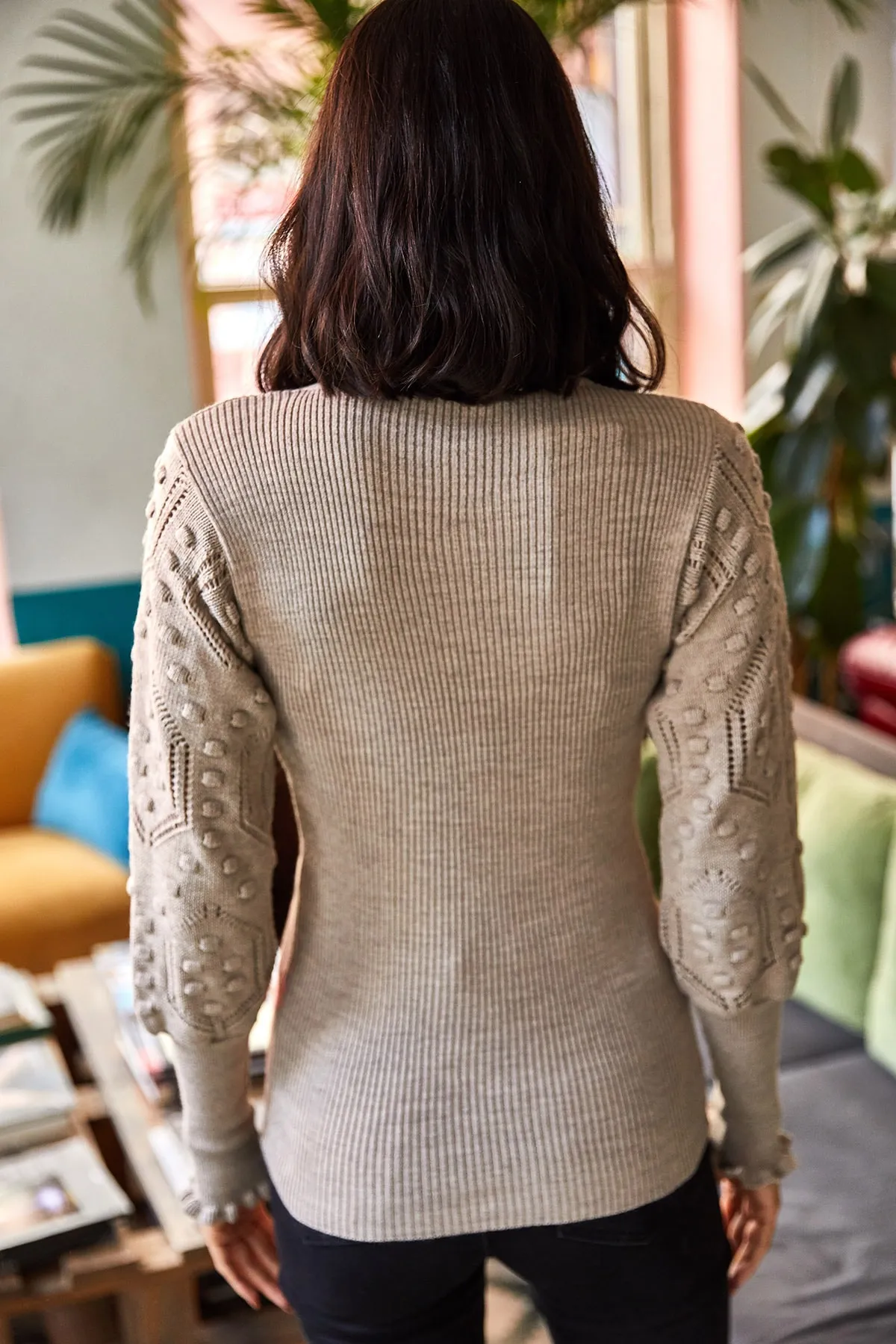 Olalook  Damen-Pullover mit Rippenmuster und Stehkragen mit steinfarbenen Ärmeln KZK-19000383