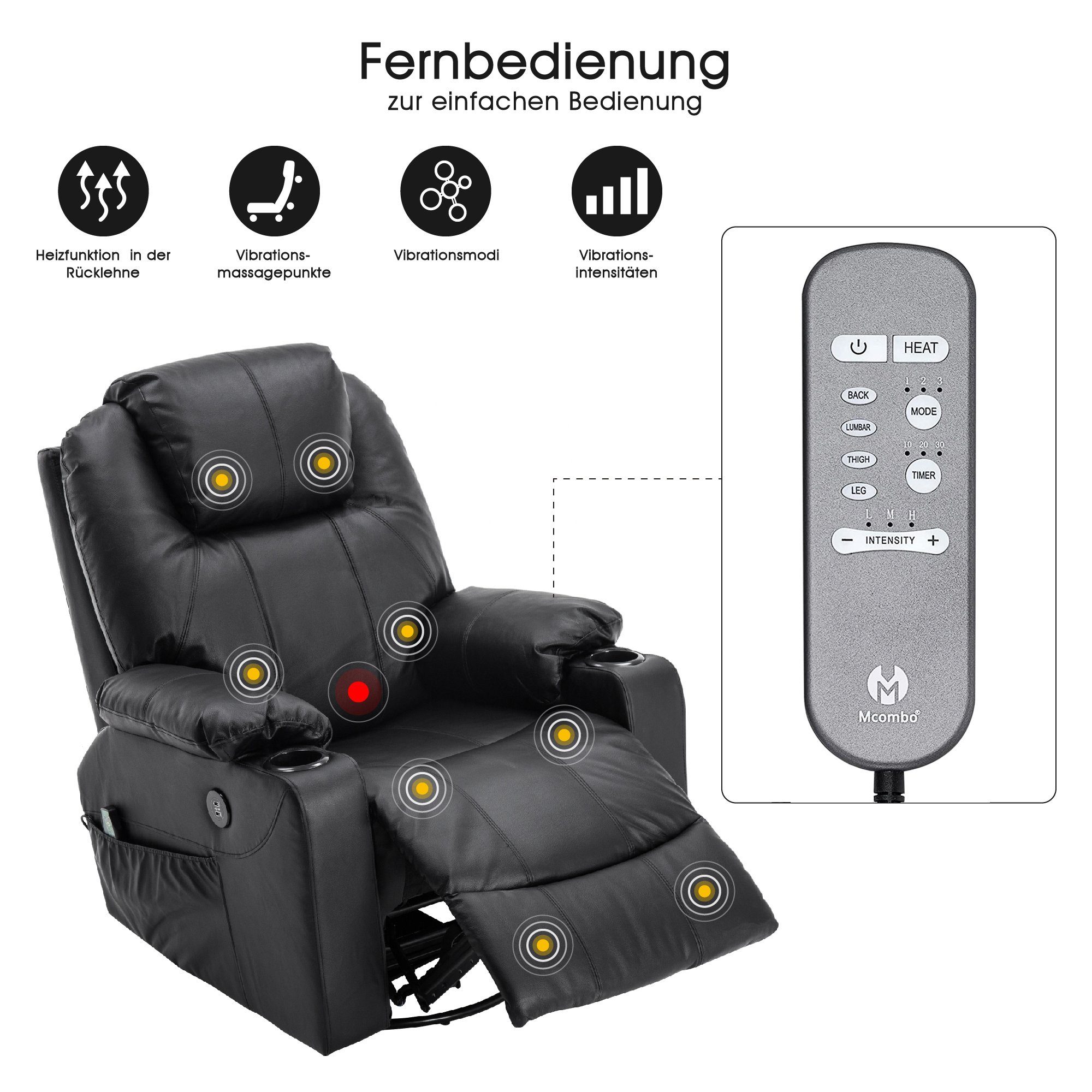 MCombo Relaxsessel MCombo Leder Massagesessel Relaxsessel 7050, manuell, mit Heizung, 360° drehbar und schwenkbar, Leder, Schwarz