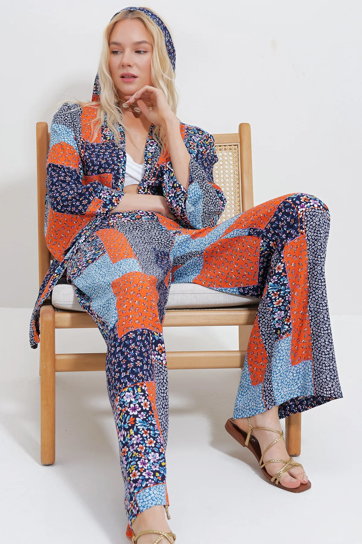 Trend Alaçatı Stili  Marineblau-Orangefarbenes Kimono-Jacken- und Palazzo-Hosen-Set für Damen ALC-X11594