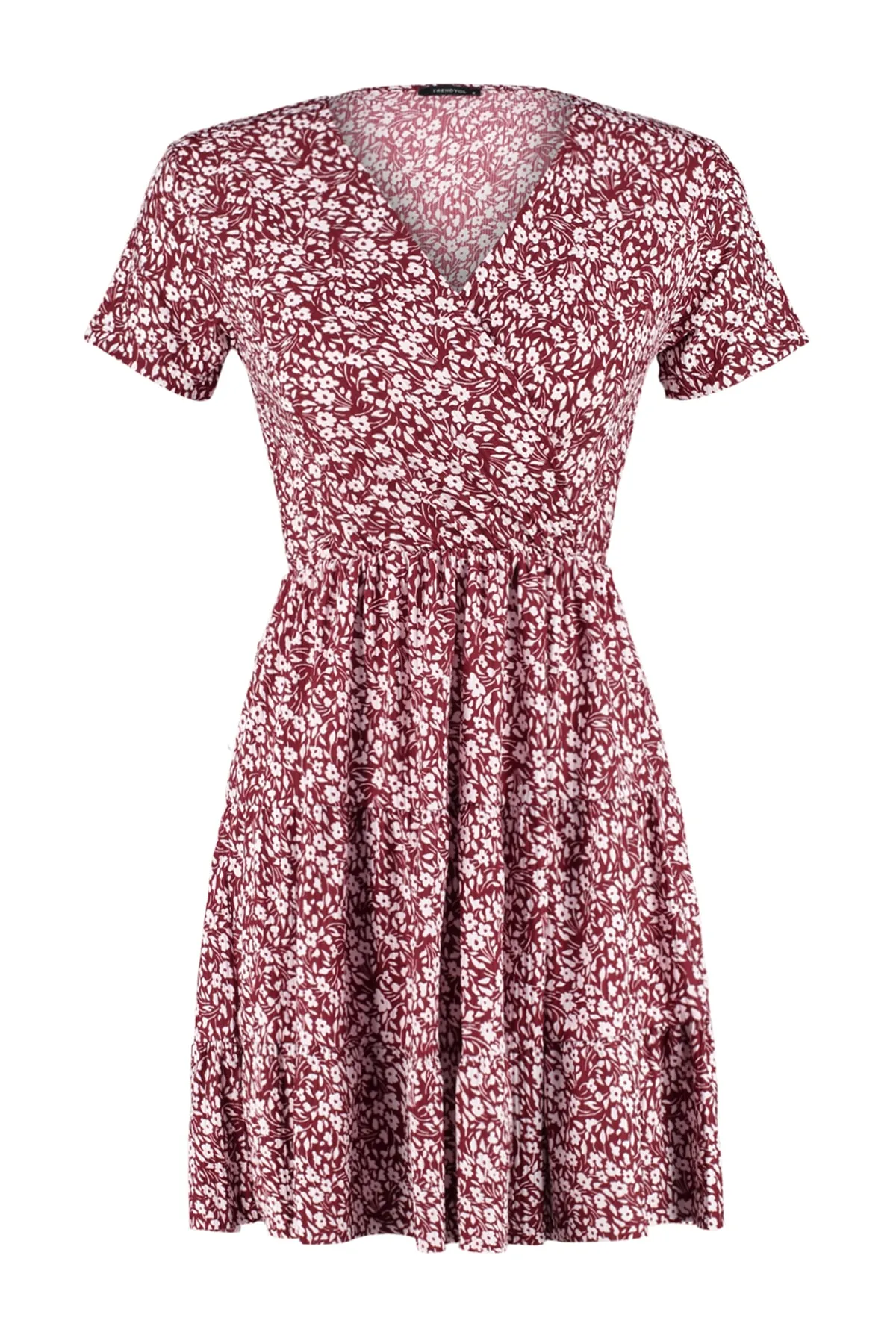 Trendyol Collection  Burgunderrot bedrucktes, zweireihiges Mini-Strickkleid mit flexiblem Ausschnitt TWOSS21EL0241