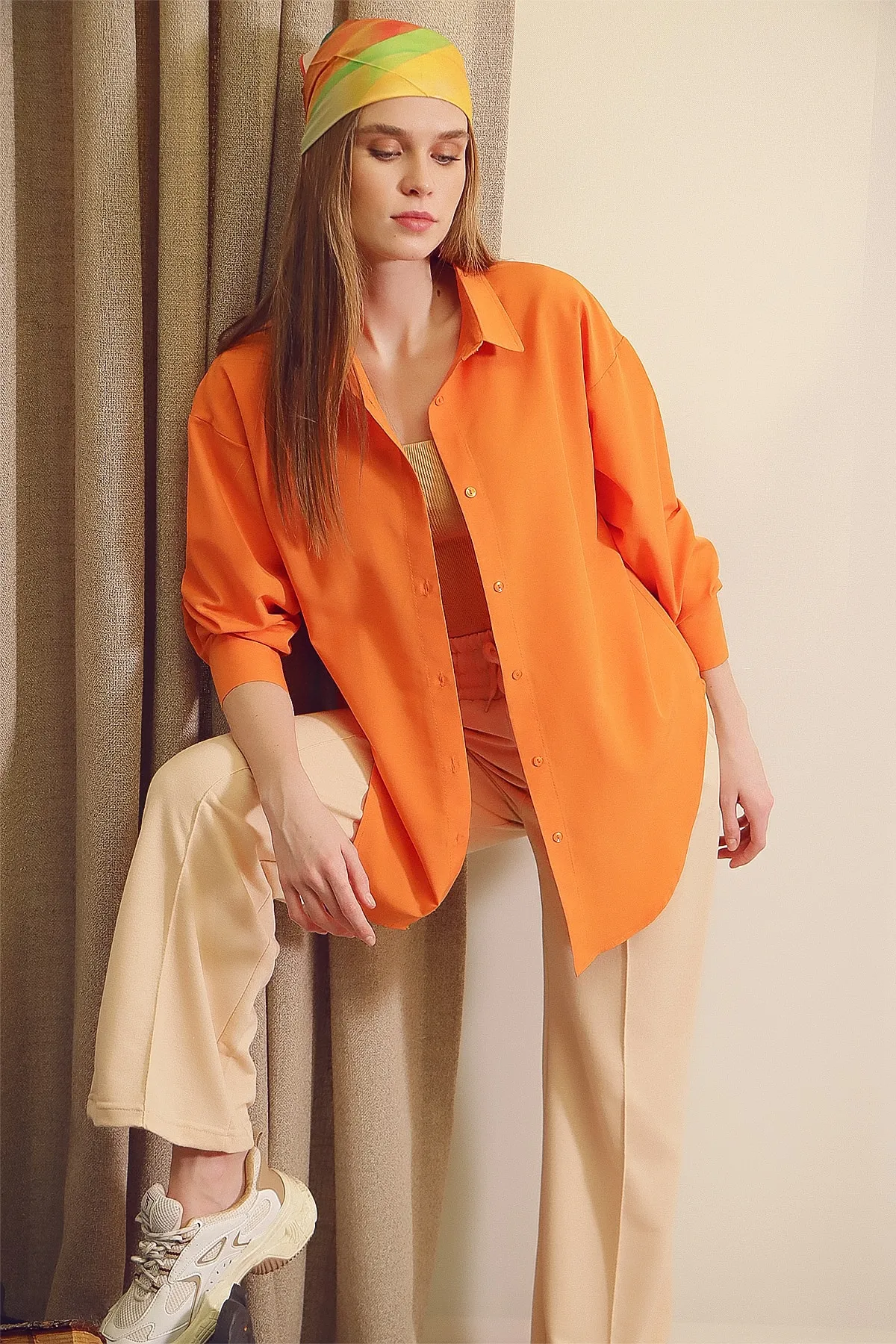 Trend Alaçatı Stili  Orangefarbenes, langes, gewebtes Oversize-Hemd für Damen ALC-X6828