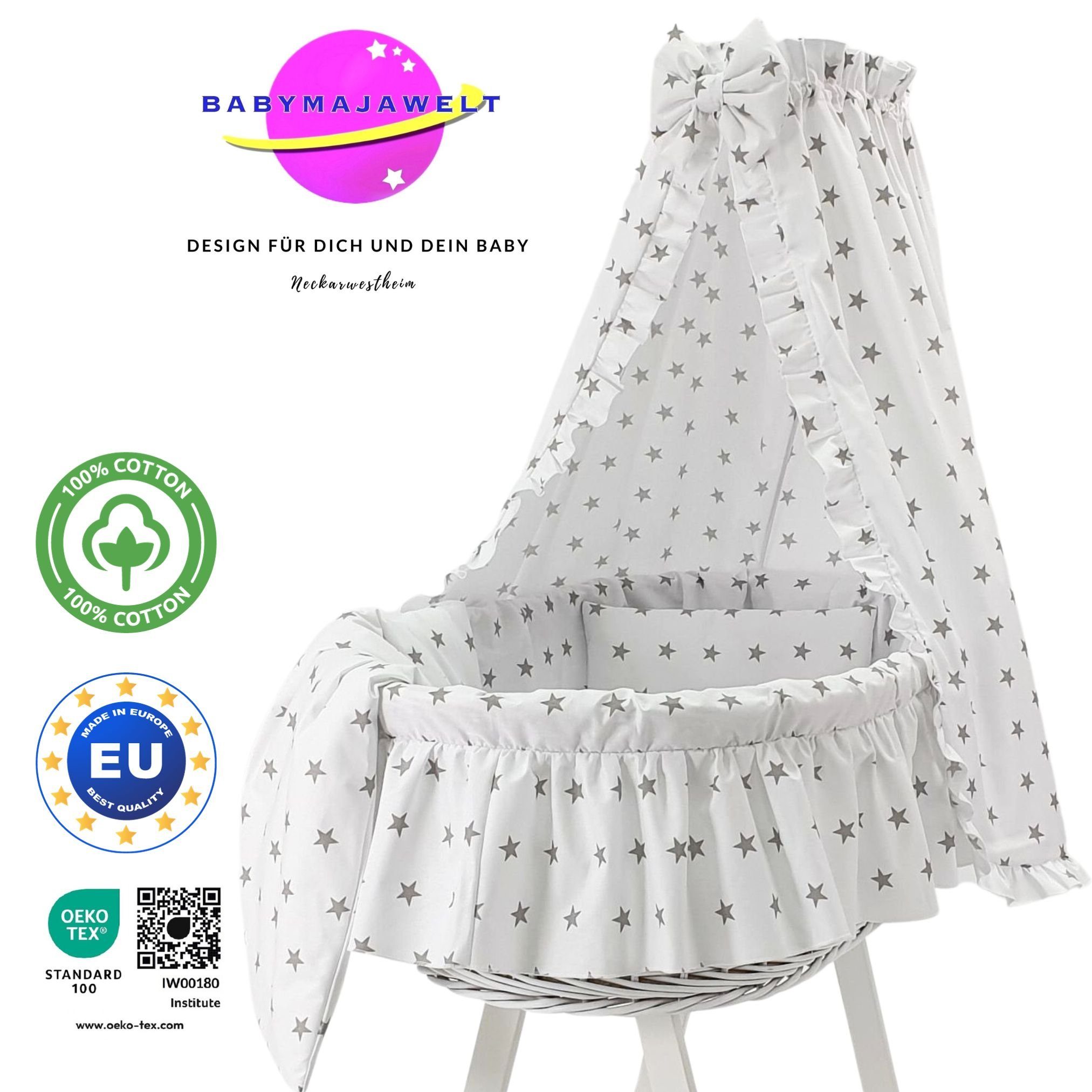 Babybettbezug Ersatz Bett Set für Stubenwagen ver. Designs, Stoff Ausstattung, Babymajawelt (5 St), Limited, Luftig Leicht, Allergiker geeignet, Fabelhaft - Made in EU