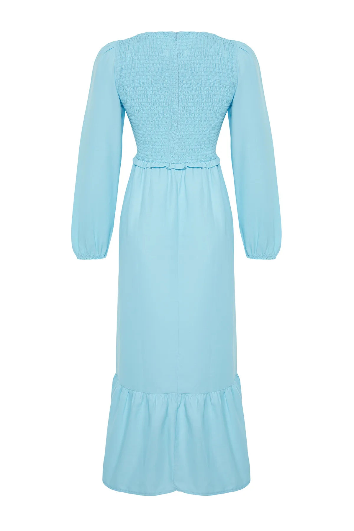 Trendyol Modest  Türkisfarbenes, gewebtes Kleid mit Rundhalsausschnitt und Gipe-Detail TCTAW22EB0109