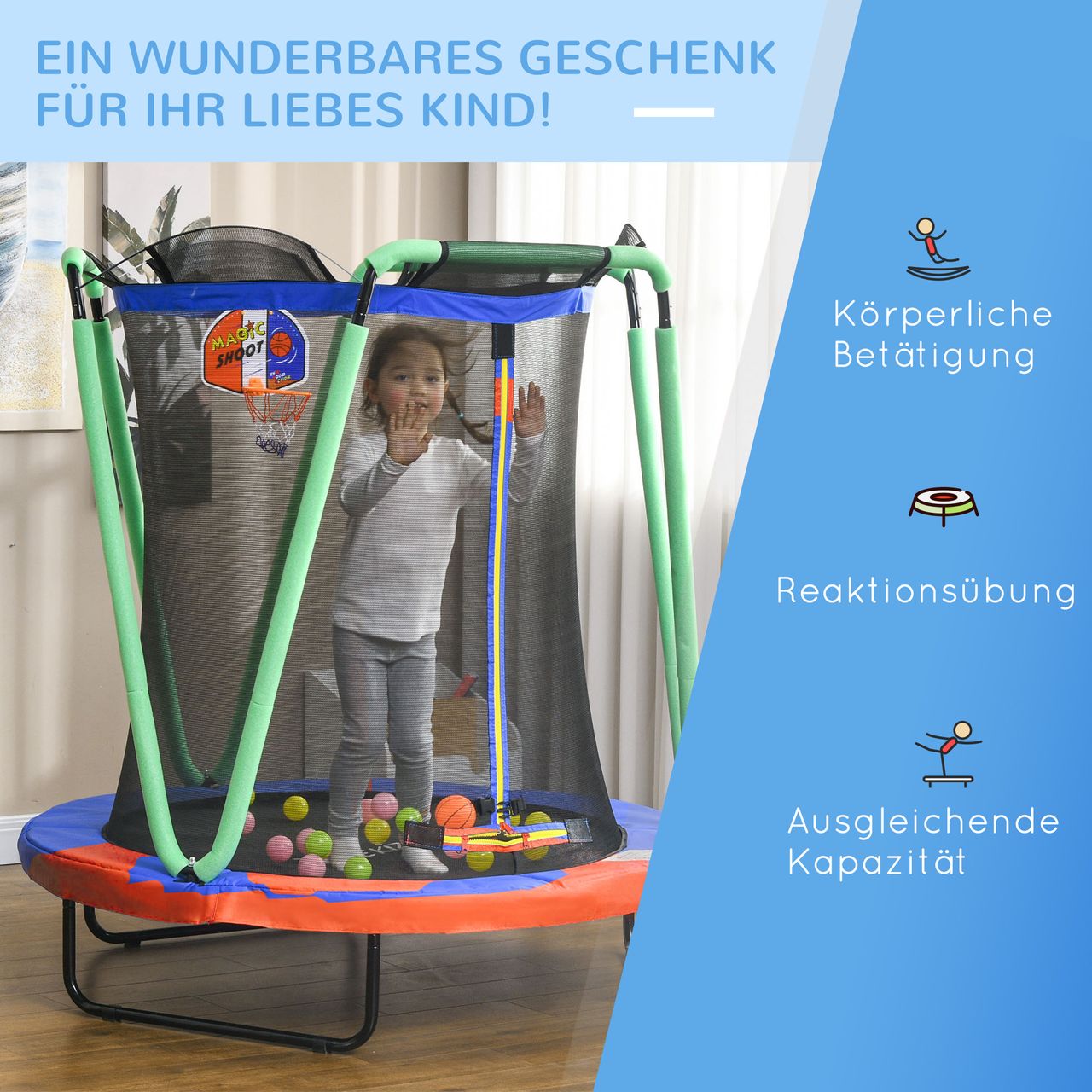 ZONEKIZ Trampolin für Kinder, Ø140 cm Kindertrampolin mit Sicherheitsnetz Blau