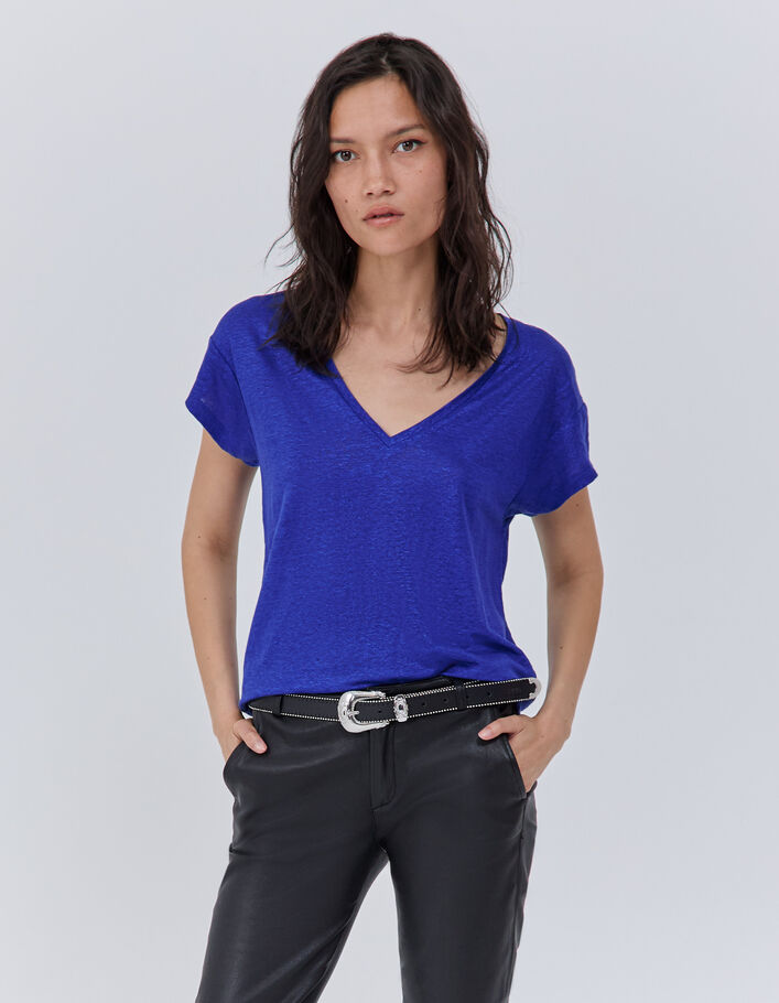 Tee-shirt bleu en maille de lin foil Femme