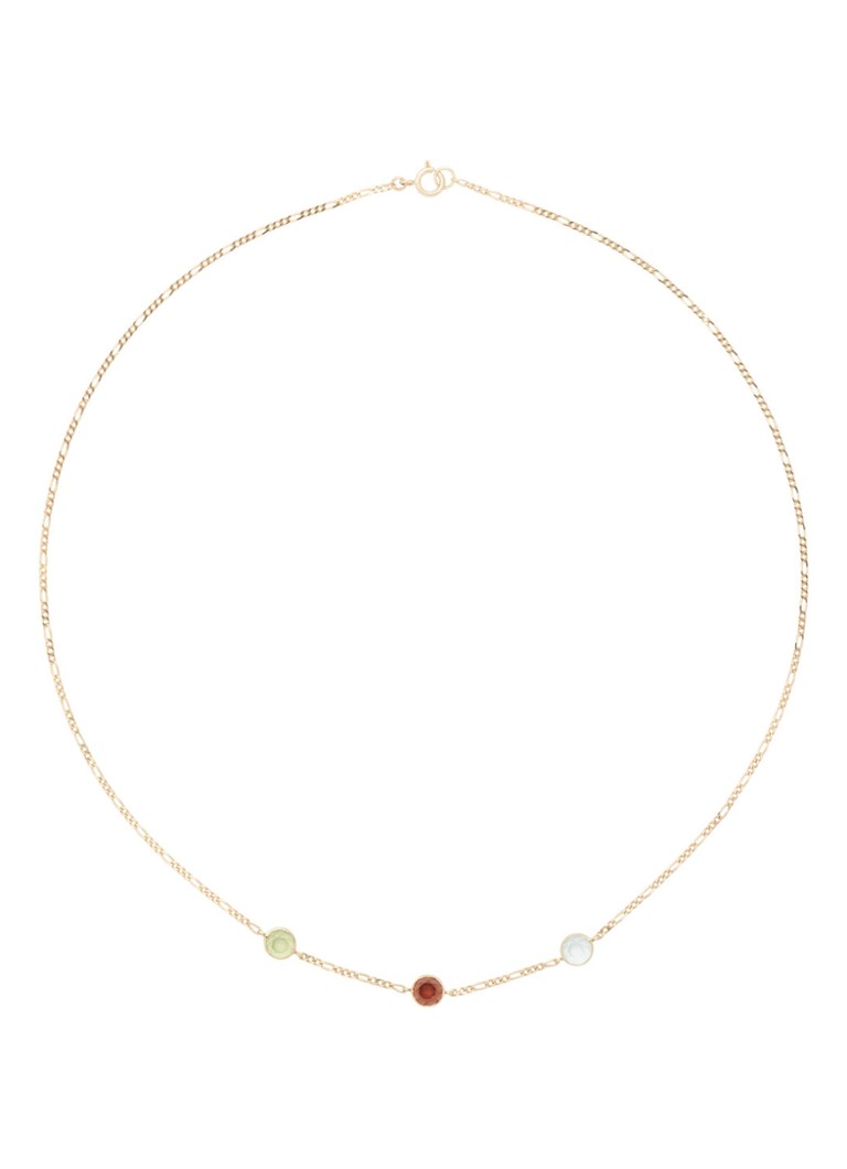 Colierul „Three Times the Charm” al Annei și Ninei, realizat din aur galben de 14k, împodobit cu peridot, granat și topaz.