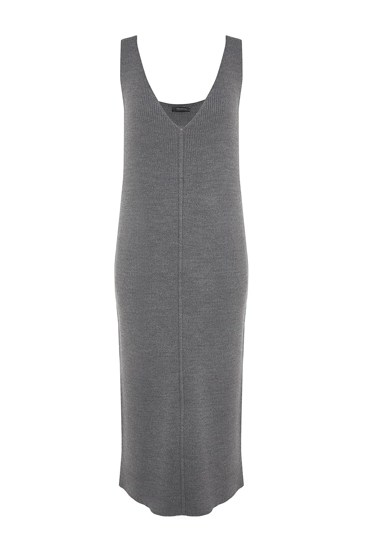Trendyol Collection  Anthrazitfarbenes Maxi-Strickkleid mit V-Ausschnitt TWOAW24EL00011
