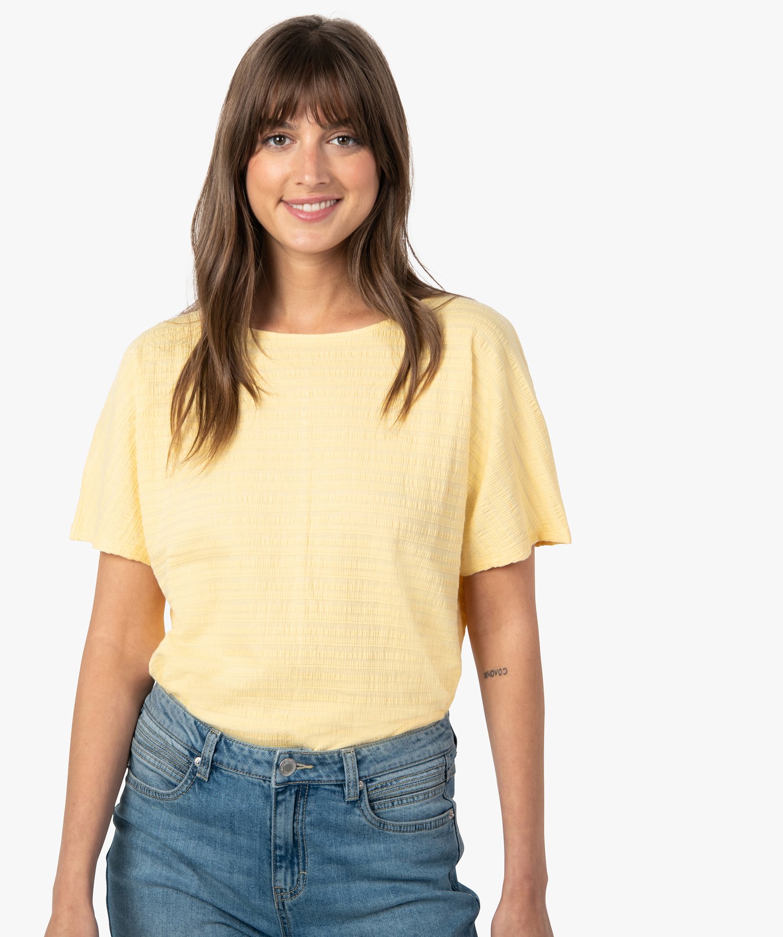Tee-shirt femme à manches courtes en maille texturée jaune | GEMO