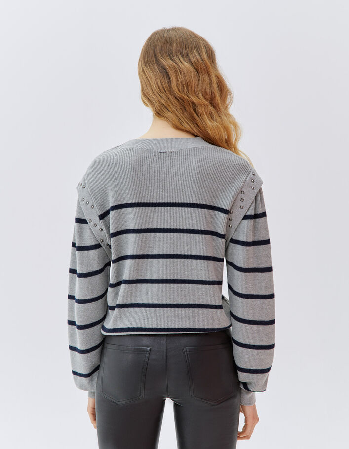 Pull gris tricot à rayures marine et clous Femme