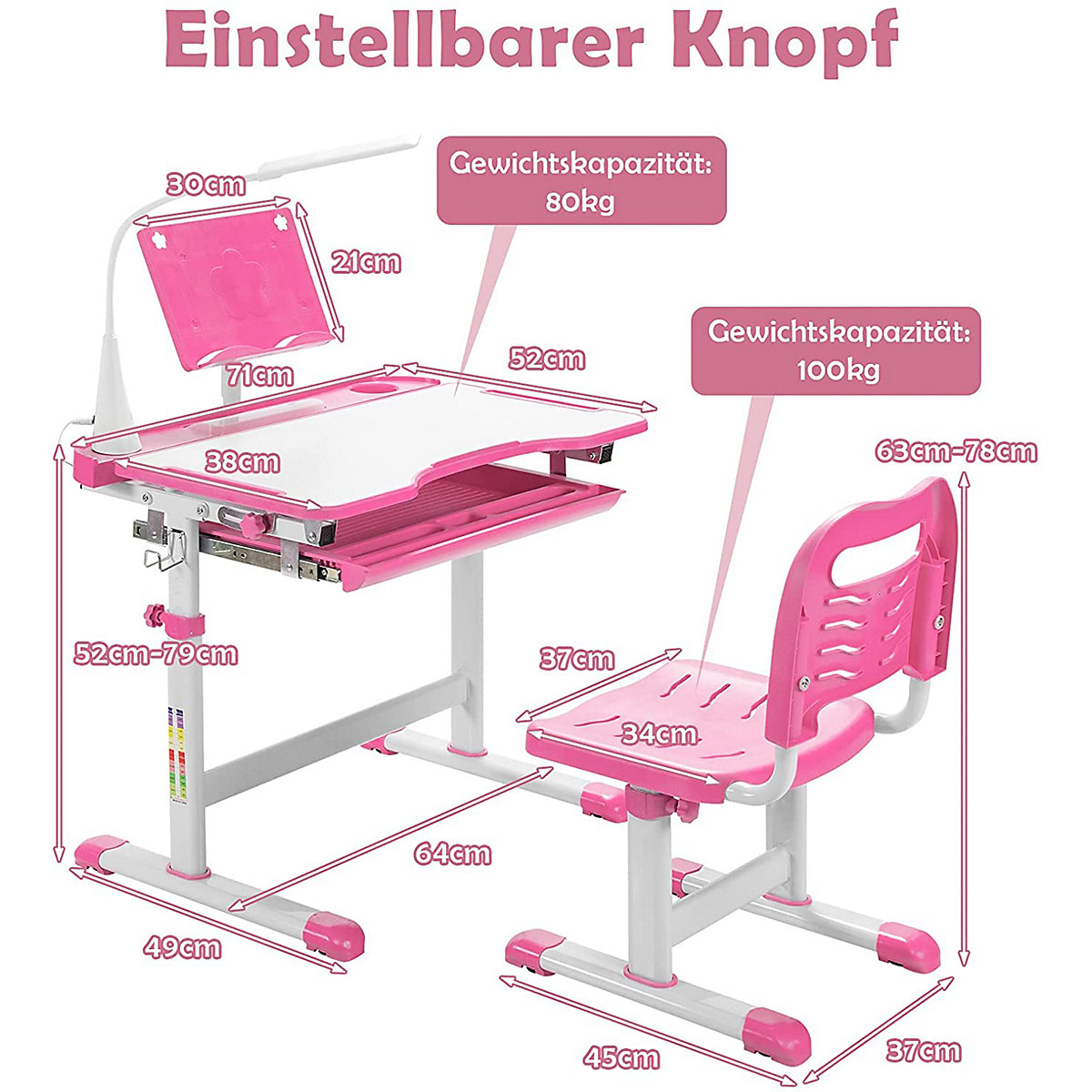 Kinderschreibtisch mit Licht & Bücherständer höhenverstellbar