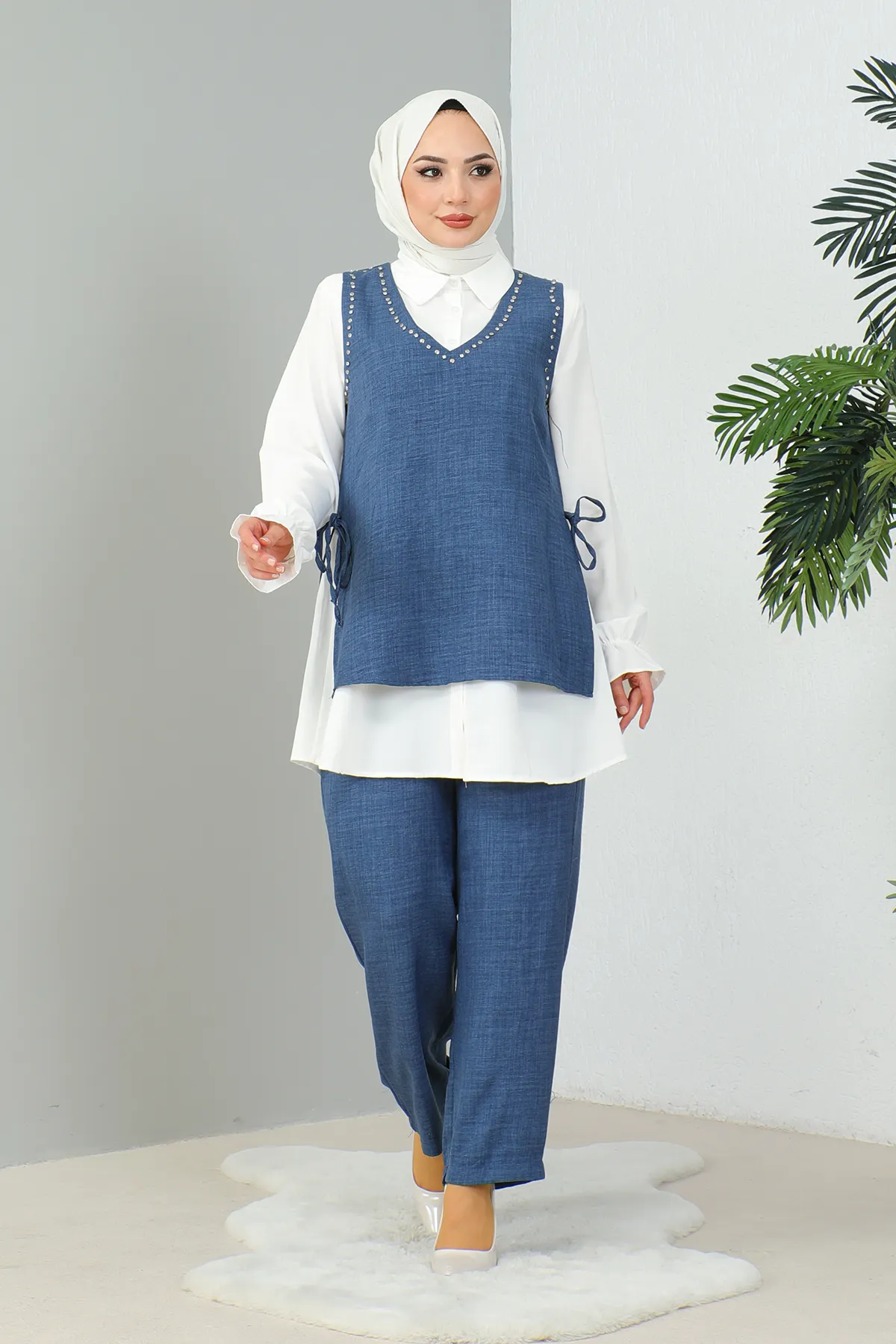 MODAQU  Indigoblaues Leinenset – Dreierset mit Steindetail