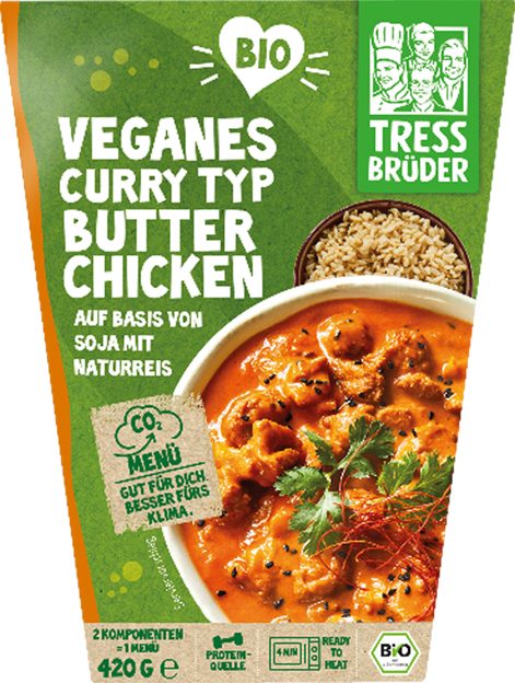 TressBrüder Bio veganes Curry Typ Butter Chicken mit Reis