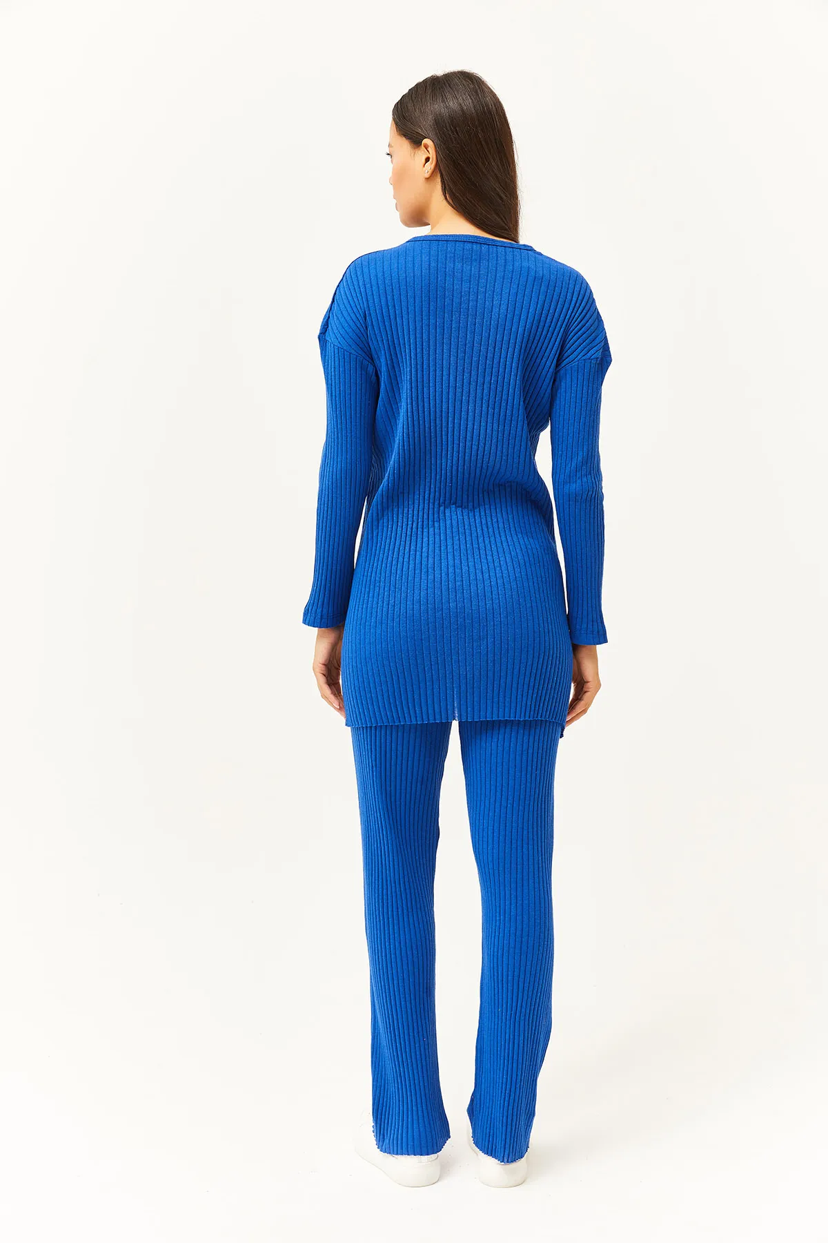 Olalook  Damen Saks Blau Oberteil Schlitz Bluse Unterteil Palazzo Kordelzug Anzug TKM-19000180