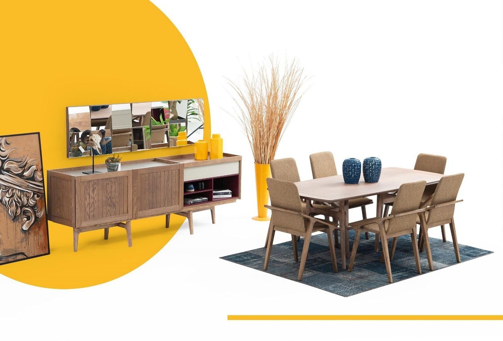 JVmoebel Esszimmer-Set Esszimmer Gruppe Esstisch Stühle Sideboard Tisch Holz Set 8tlg Weiß, (8-St., Esstisch + 6x Stühle + Sideboard), Made in Europa