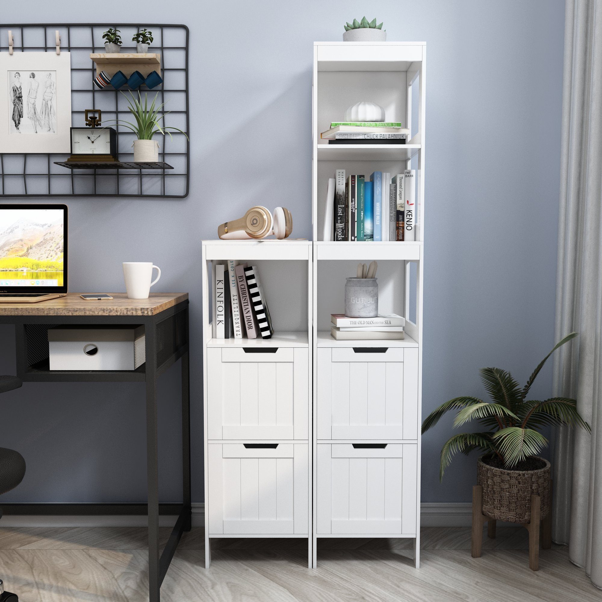 Mondeer Badkommode Badezimmerschrank, Hochschrank, Badschrank, mit 2 Schubladen und 3 offenen Regal