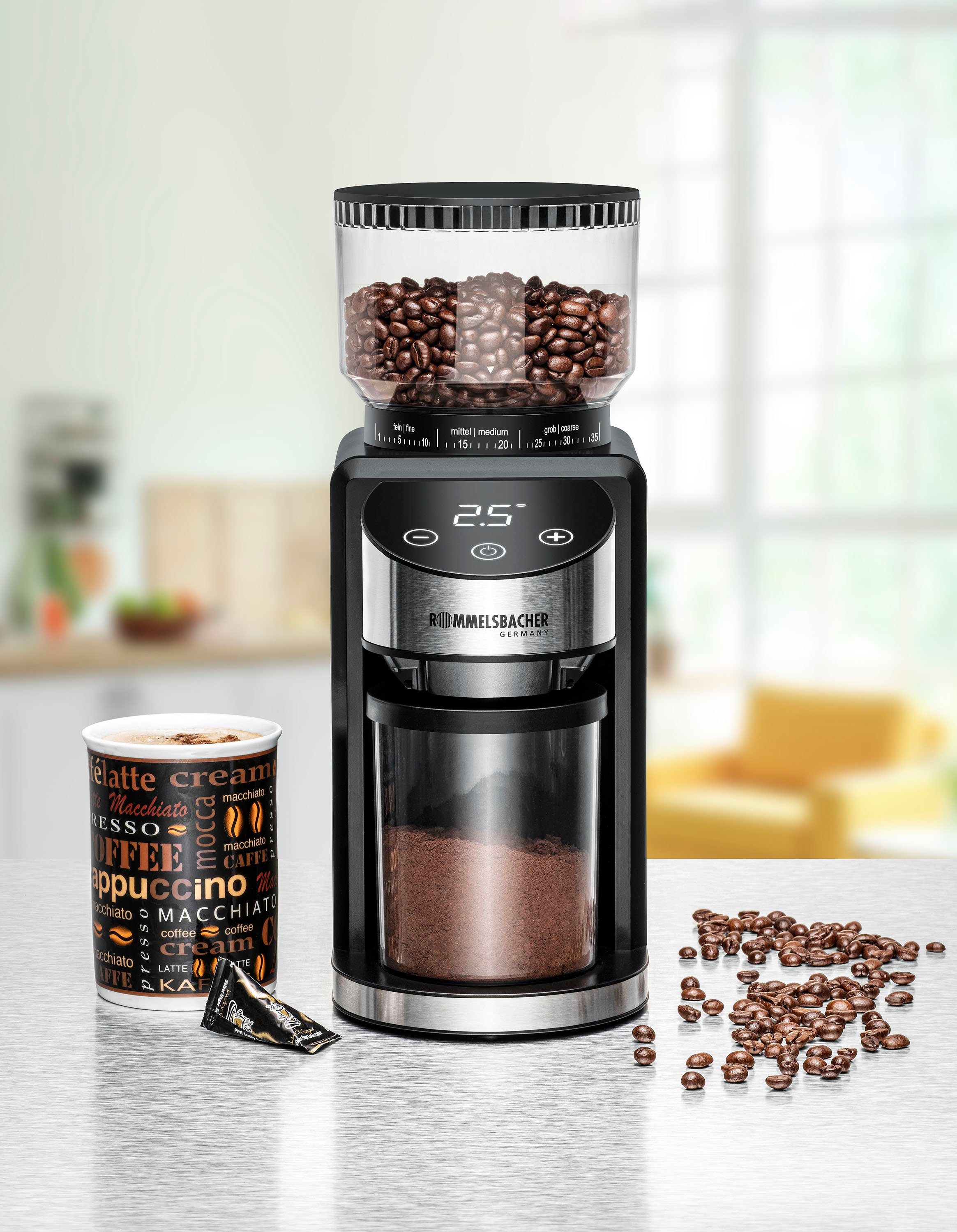 Rommelsbacher Kaffeemühle EKM 400, 200 W, Kegelmahlwerk, 220 g Bohnenbehälter, mit Kegelmahlwerk, Antistatik-Funktion, 35 Mahlgrade