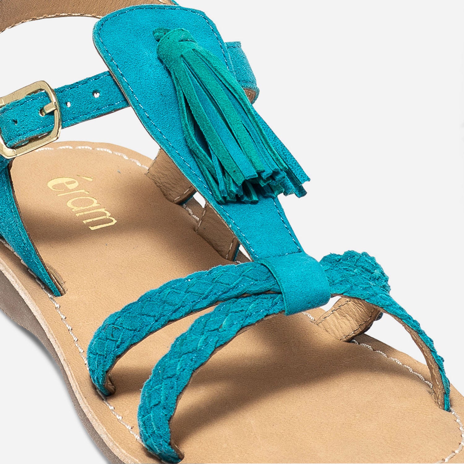 Sandale turquoise en cuir velours avec pampille