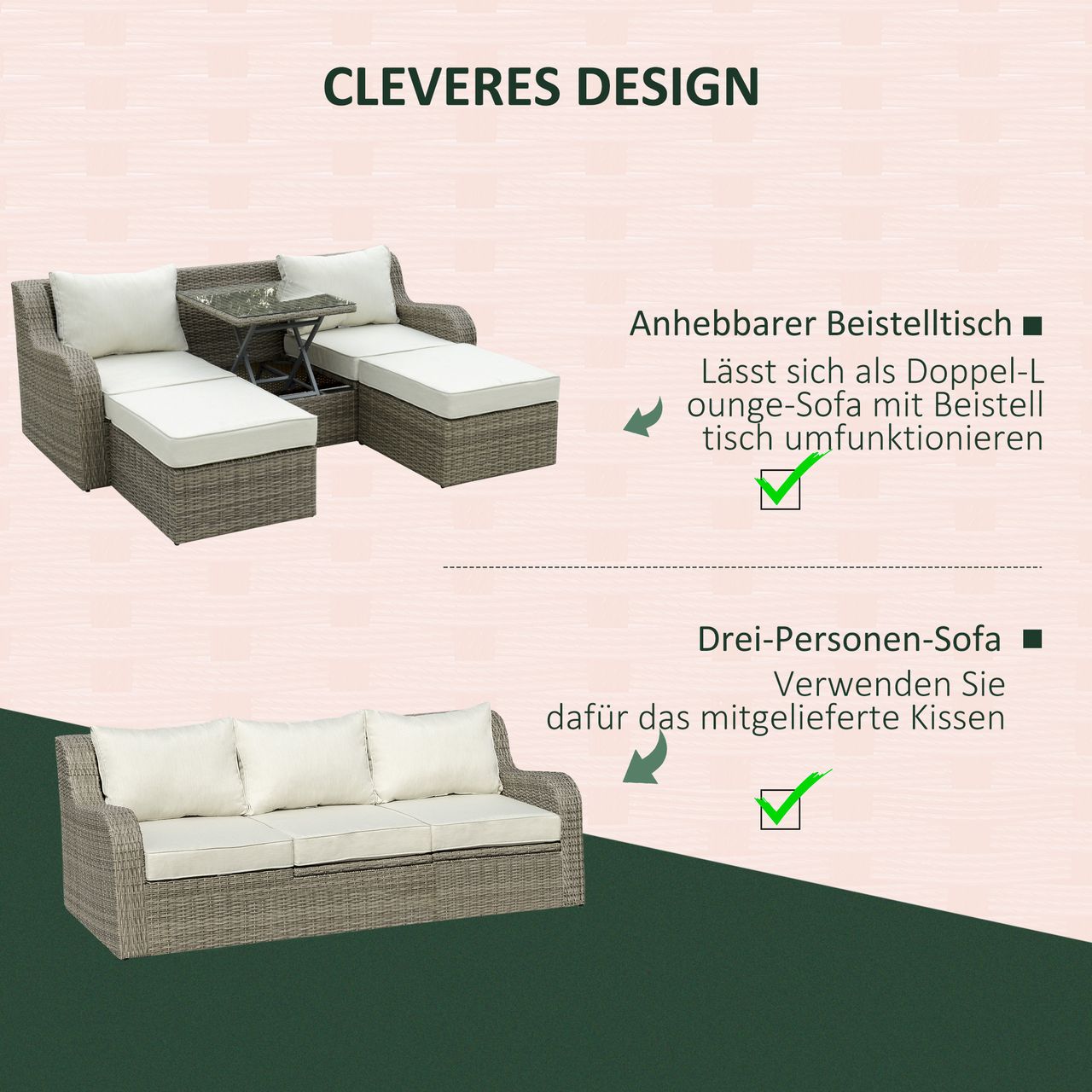 Outsunny 3-tlg. Polyrattan Gartenmöbel Set Gartengarnitur mit Tisch Aluminium