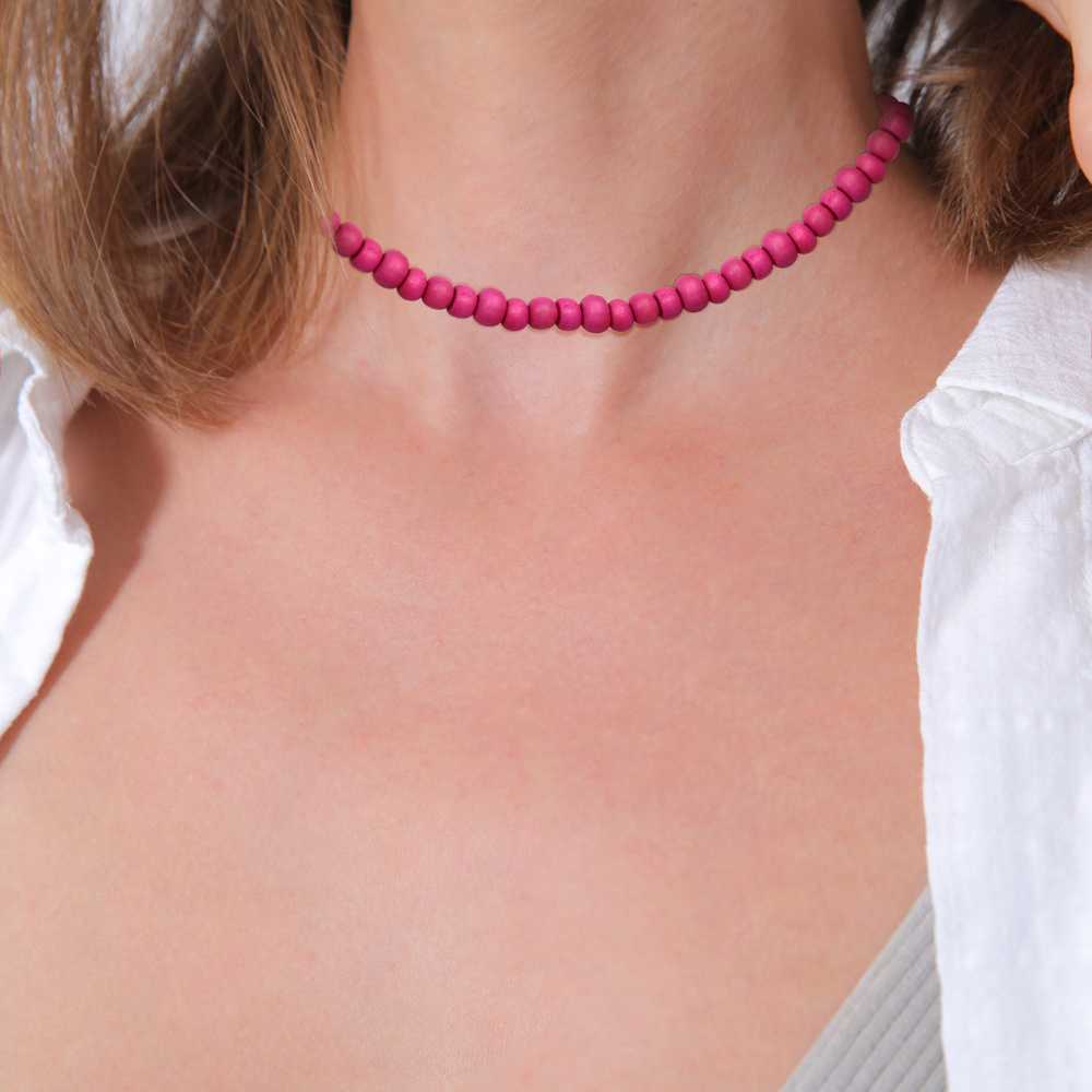 Elli Elli Collier Femmes Choker Beads tendance avec des perles en bois rose en argent  collier