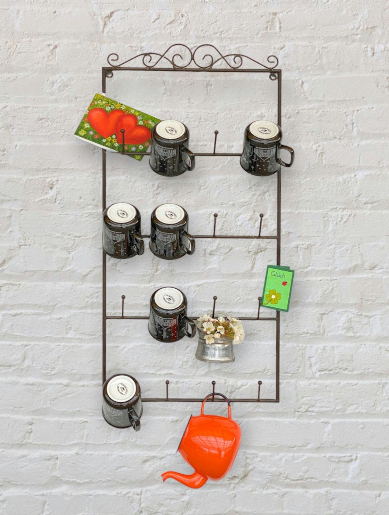 DanDiBo Gläserhalter Tassenhalter Wand Metall Hakenleiste mit 16 Haken Braun 75 cm Tassenhaken Küche Vintage Antik Becherhalter Tassenständer Tassenregal Wandmontage, auch als Schlüsselhalter geeignet