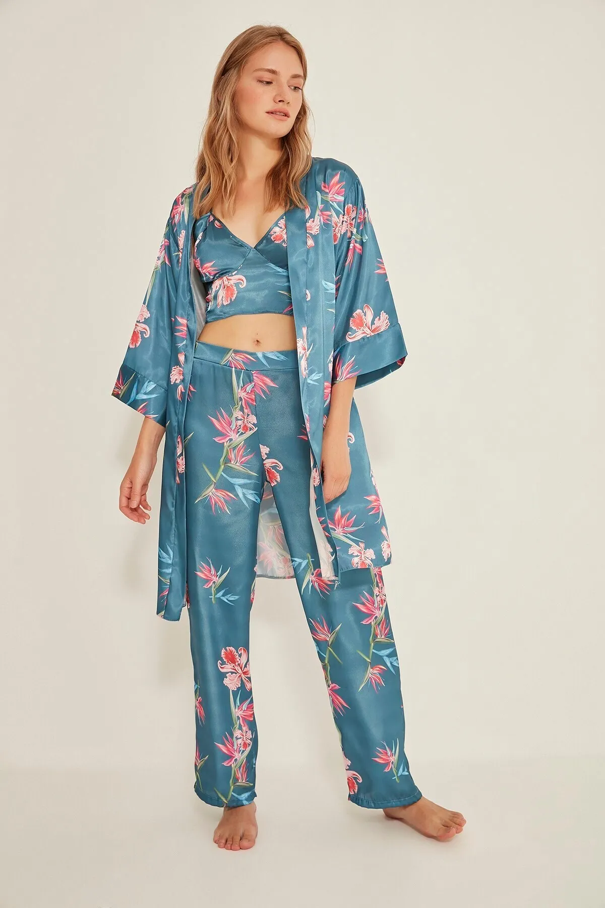 C&City  045 Gemustertes 3-teiliges Satin-Pyjama-Set für Damen, Türkis