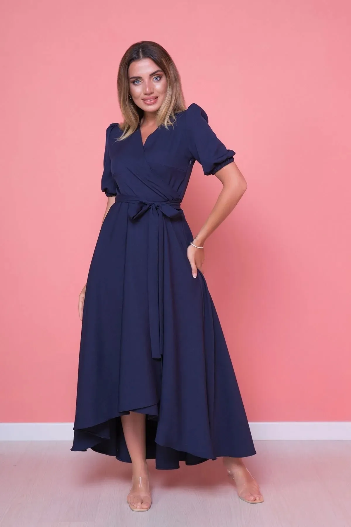lovebox  Damen-Kleid aus flexiblem Atlas-Stoff mit Gürtel, asymmetrischem Schnitt, Midi-Länge, zweireihiger Kragen, marineblaues ausgestelltes Kleid 410