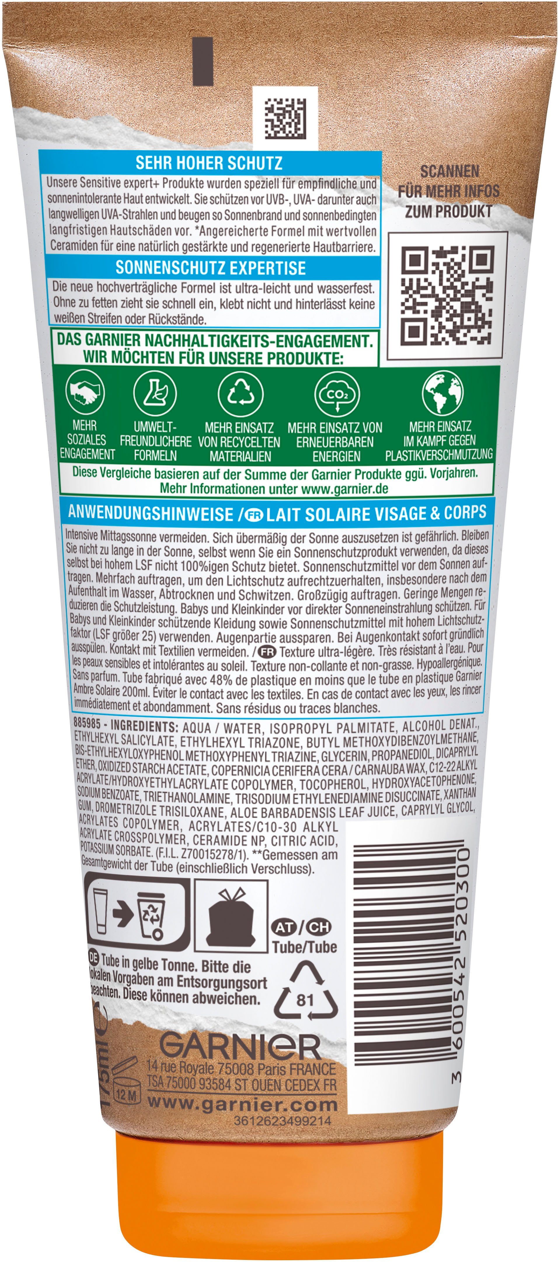 GARNIER Sonnenschutzmilch Garnier Sensitive Sonnenschutz-Milch