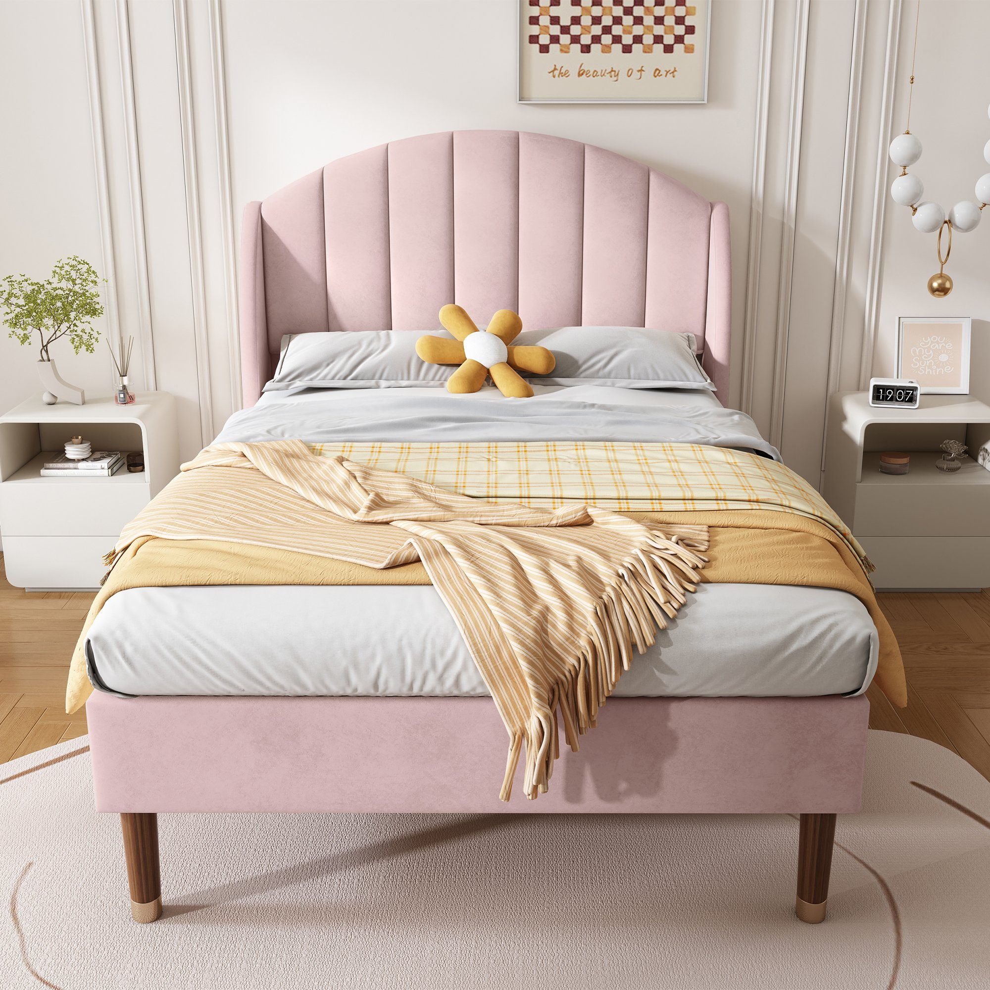 OKWISH Polsterbett Doppelbett Massivholzbett (90*200 mit Lattenrost und Kopfteil ohne Matratze), Holzlattenunterstützung, Einfache Montage
