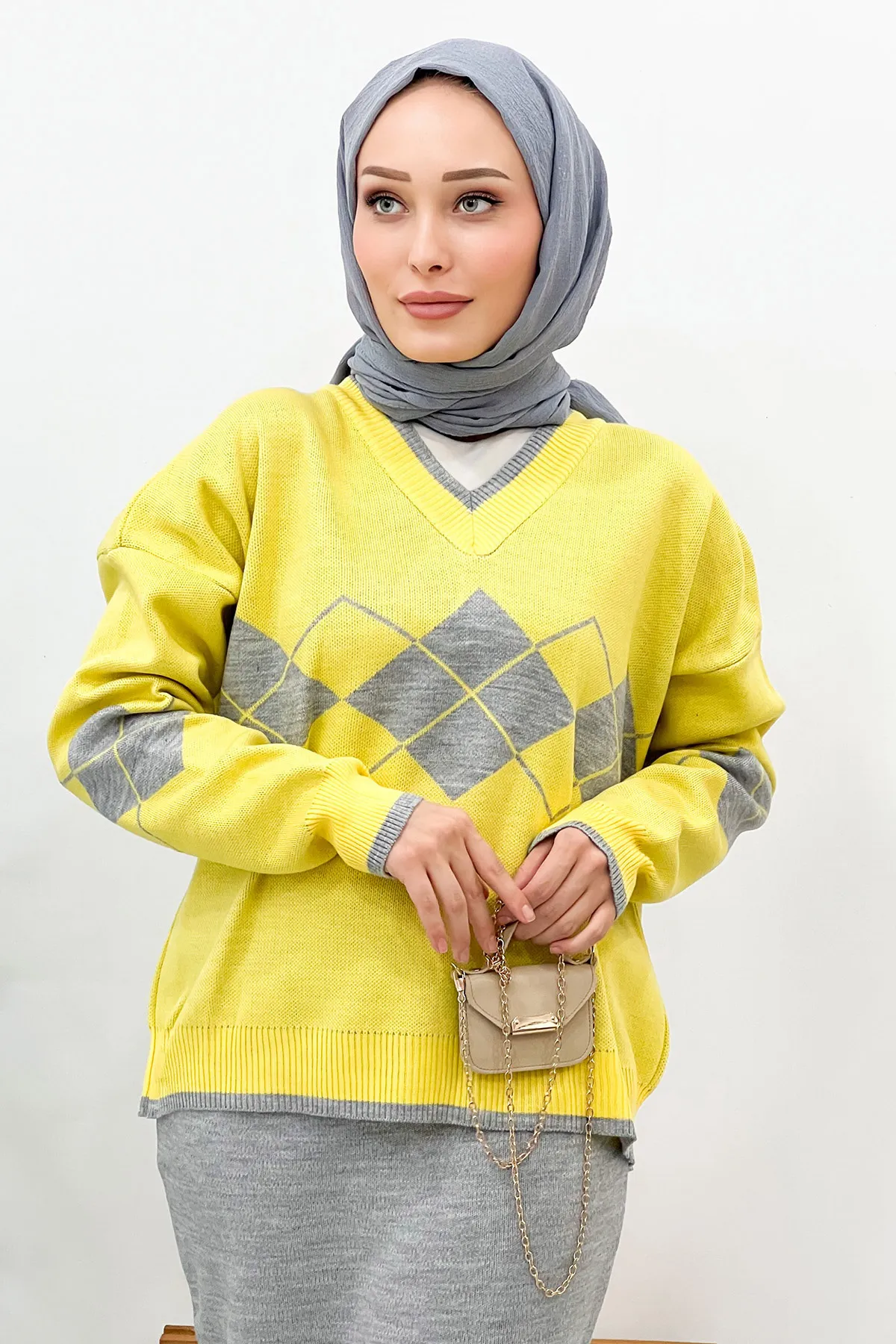Tesettür Dünyası  Strickanzug mit Rock Tsd220917 Grau