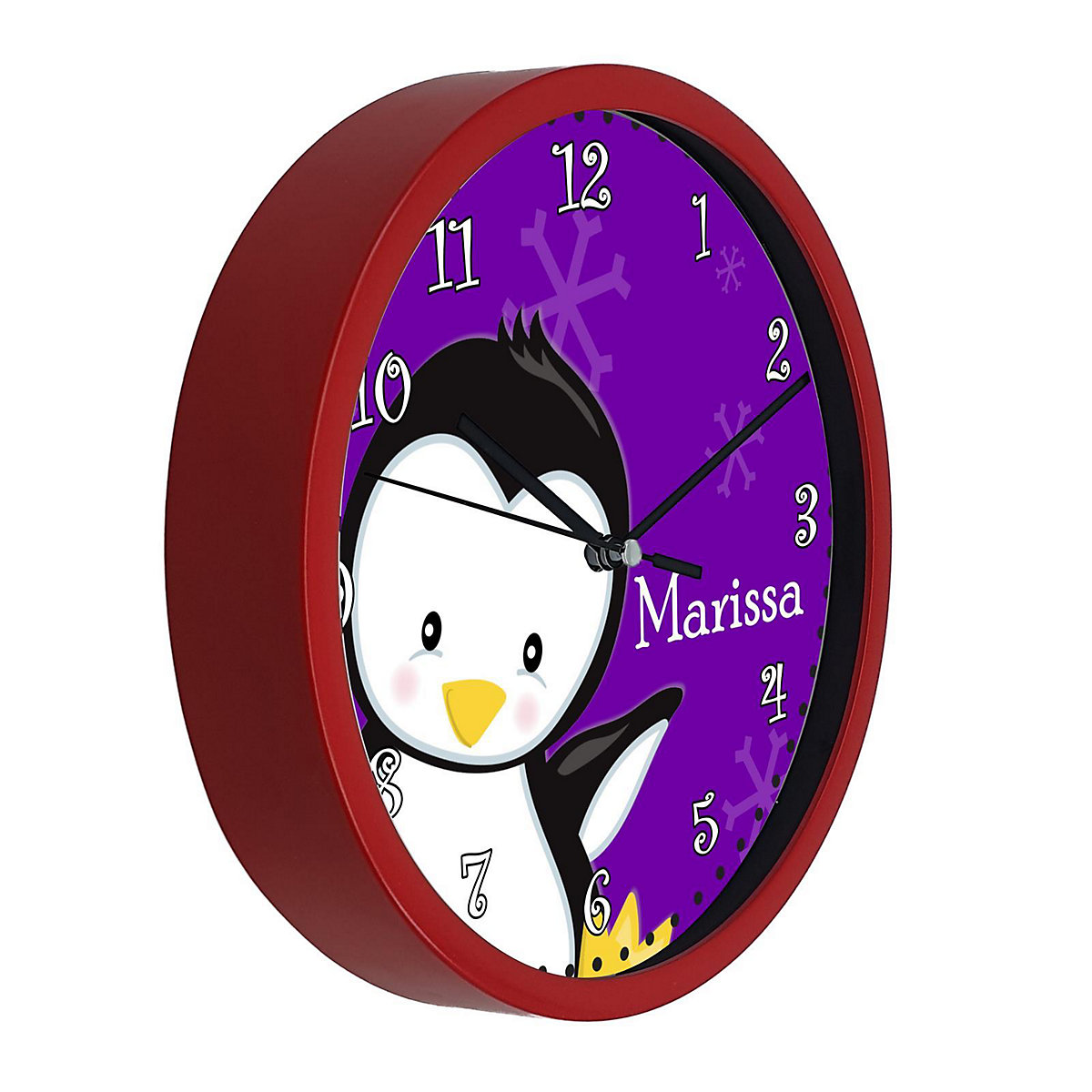 Kinder Wanduhr personalisiert mit Name Pinguin lila