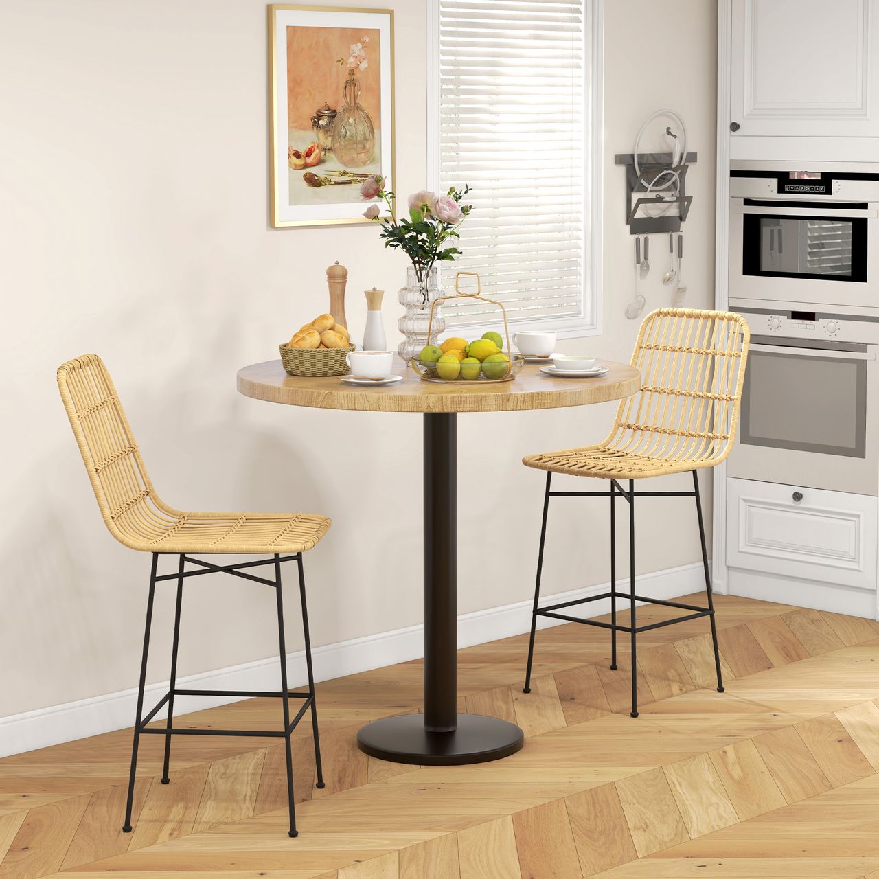 HOMCOM Barhocker 2er-Set, Barstuhl mit Rückenlehne aus PE-Rattan, Gelb