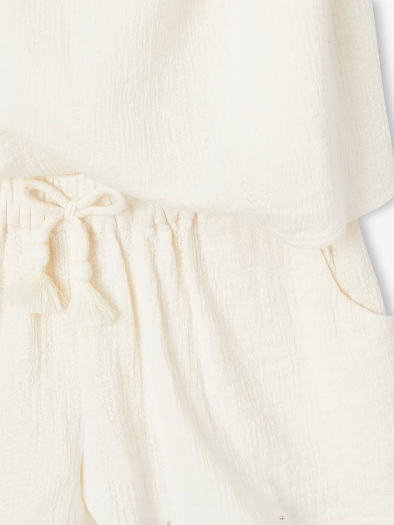 Ensemble en gaze de coton débardeur volanté et short fille écru