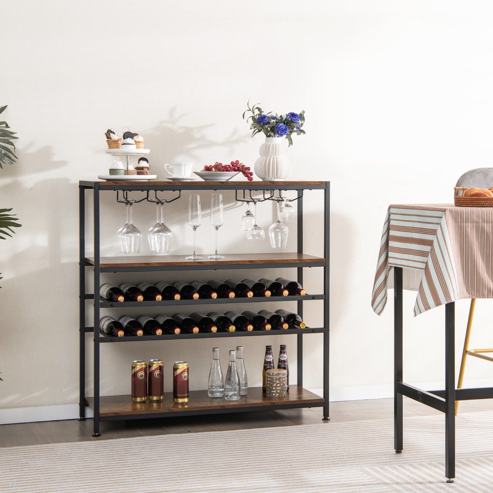 COSTWAY Weinregal, stehend, mit Glashalter & Regalen, Metall, 35x101x100cm