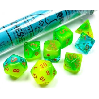 Lab Dice 5 Gemini Polyhedral Plasma-Green Teal/Orange Luminary 7-Die Set (7)