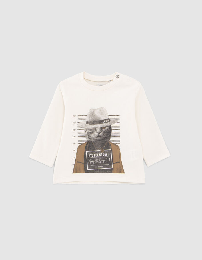 T-shirt écru coton bio visuel chat-gangster bébé garçon