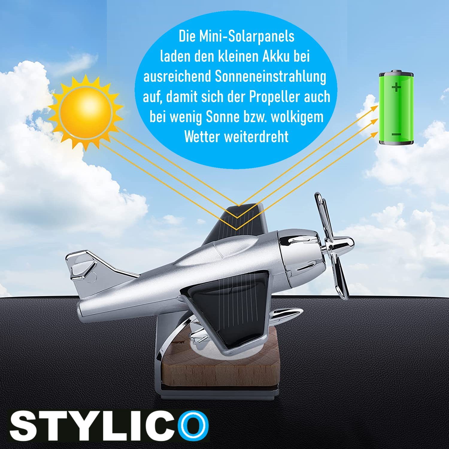 MAVURA Raumduft STYLICO Solar Auto Lufterfrischer Flugzeug Diffuser + ätherischer Öle, Parfüm Mini Solar Flugzeug selbstklebend