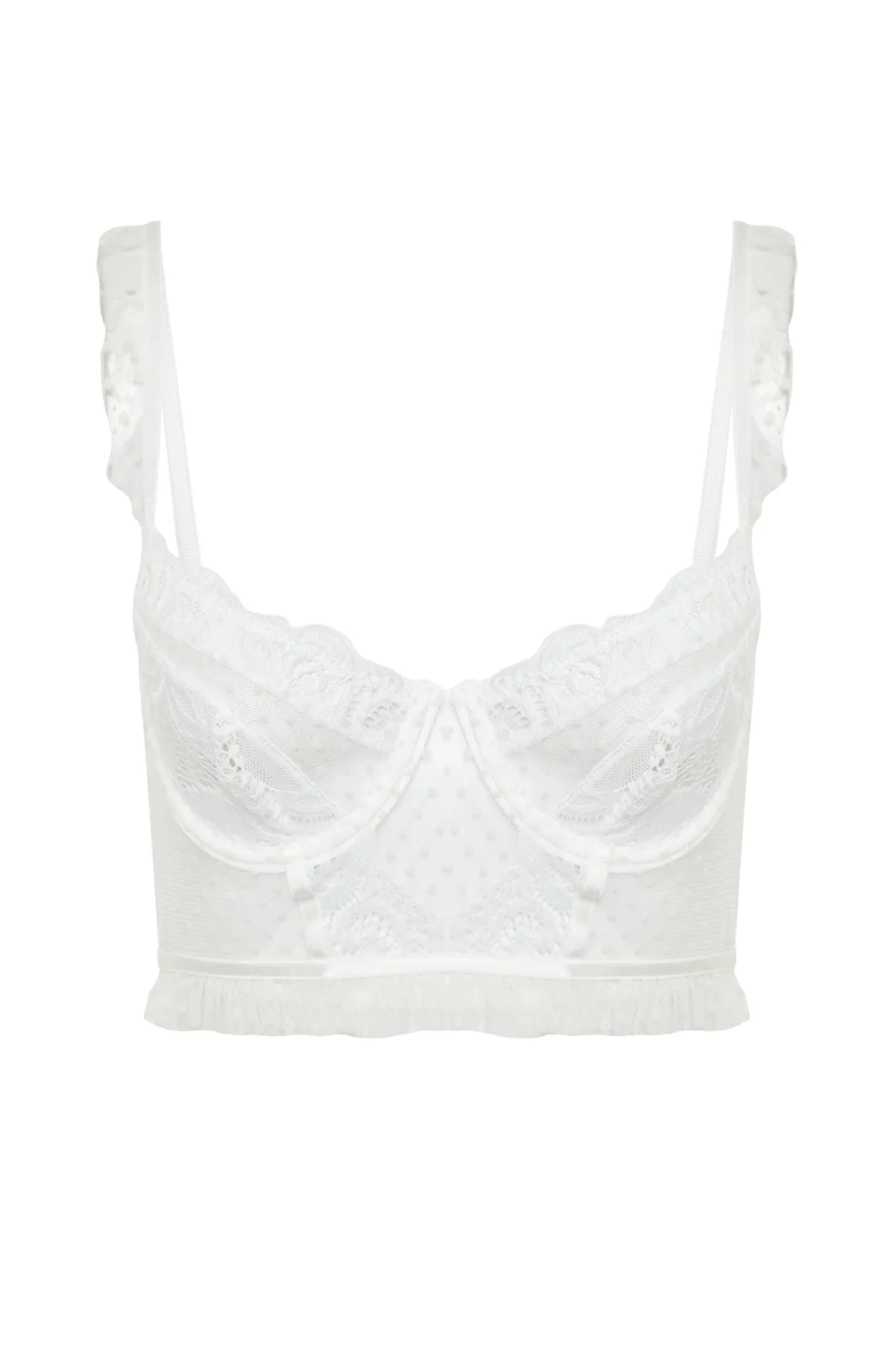 Trendyol Collection  Braut-Bustier aus weißem Spitzenstoff mit Tupfenmuster und Tülldetail, Seilriemen, ohne Kappe, Strick-Bustier THMSS24SU00043