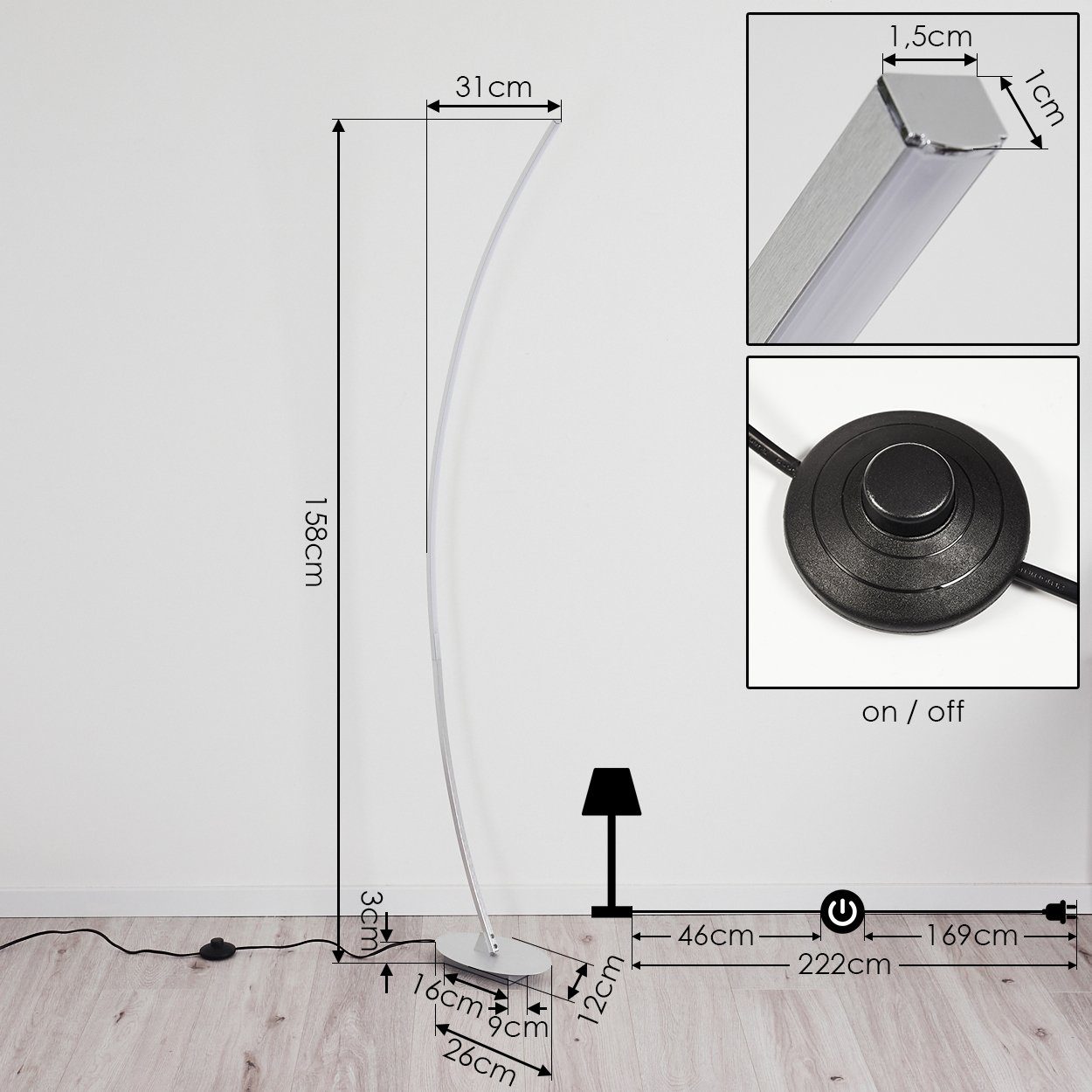 hofstein Stehlampe Brie LED Designer Standlampe in Aluminiumgebürstet, gebogene Stehleuchte mit Fußschalter und Kabel, halbrund, Leselampe