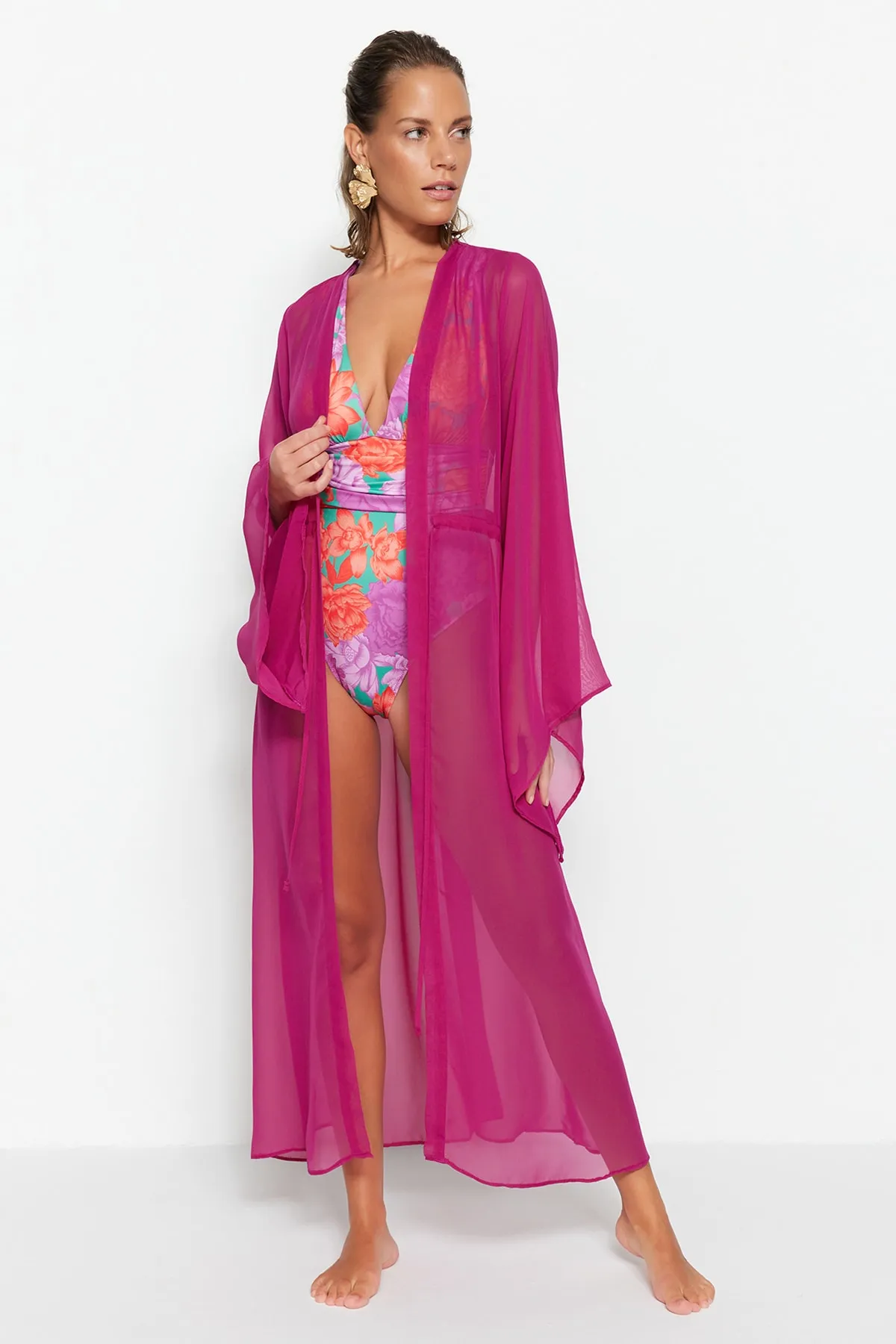 Trendyol Collection  Fuchsiafarbener gewebter Maxi-Kimono und Kaftan mit Gürtel TBESS23KM00029