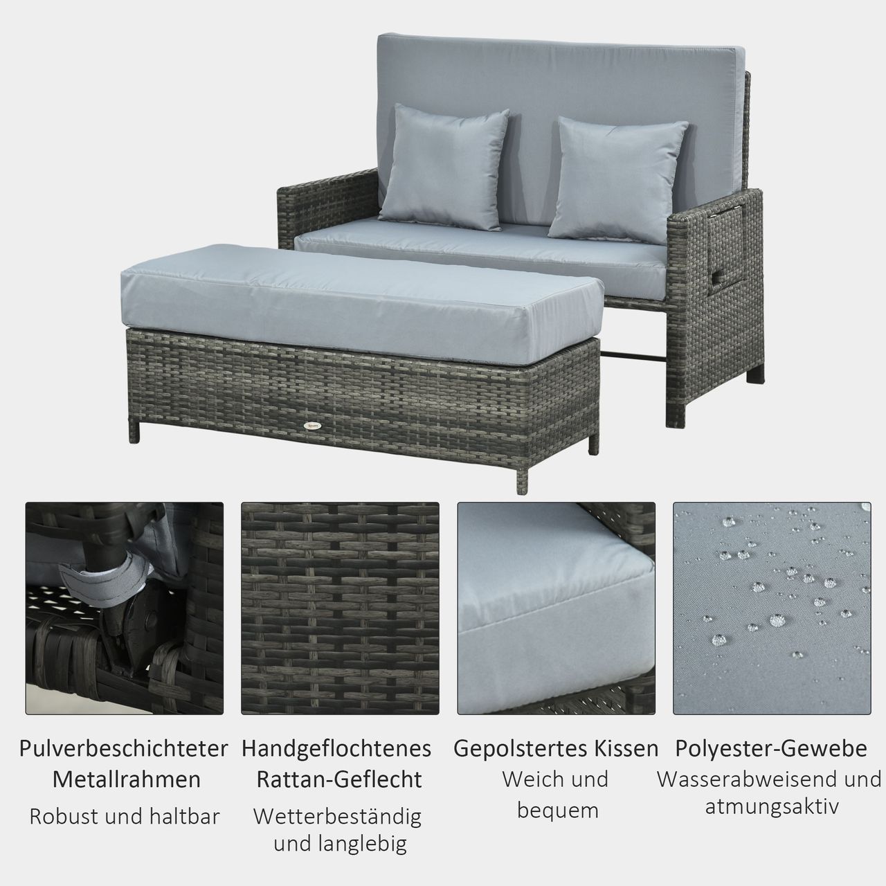 Outsunny Polyrattan Lounge-Sofa Gartensofa 2-Sitzer mit Kissen Grau