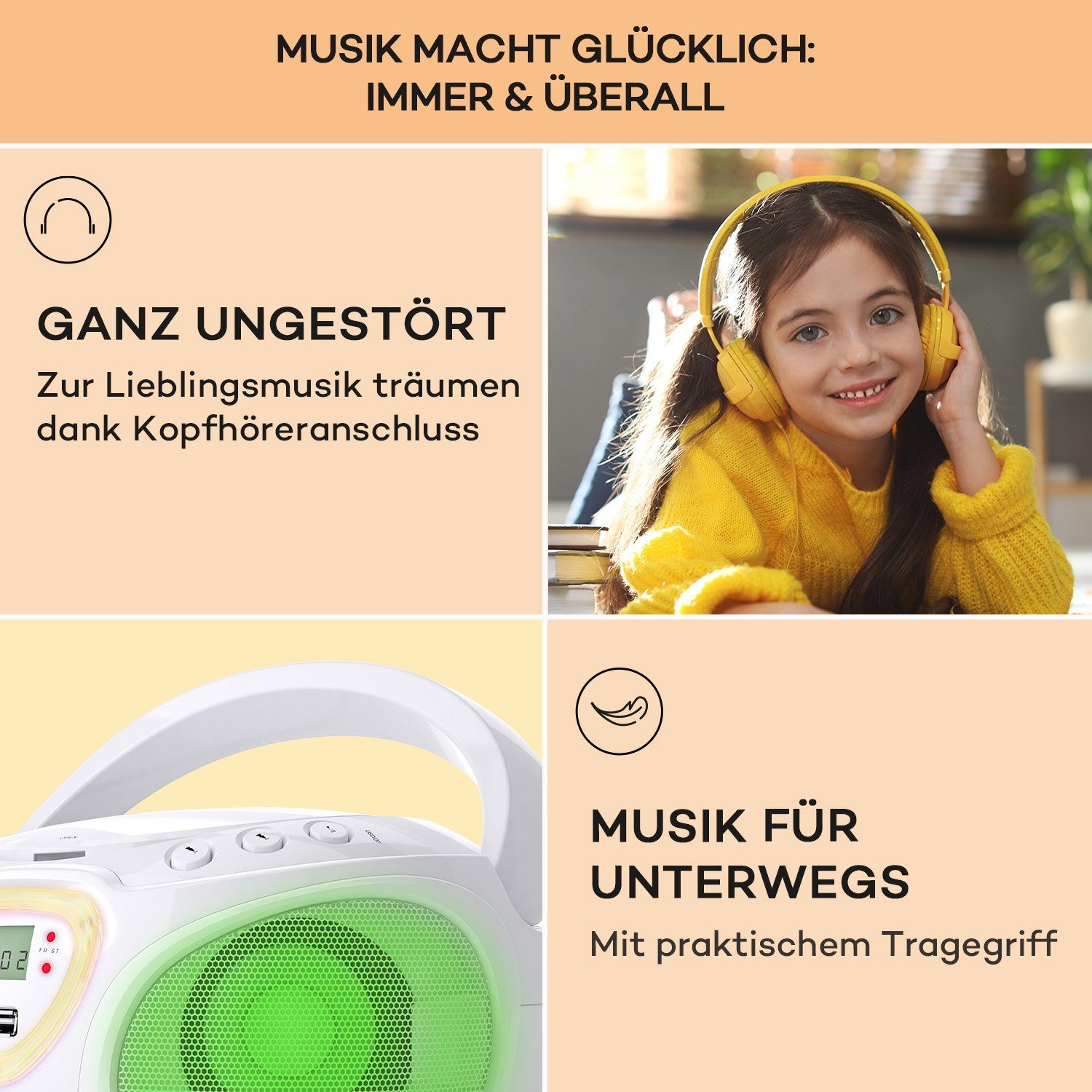 Auna Roadie Radio (FM-Radio, Kinder CD Player tragbar Musikbox Bluetooth CD Spieler Radio Soundbox)