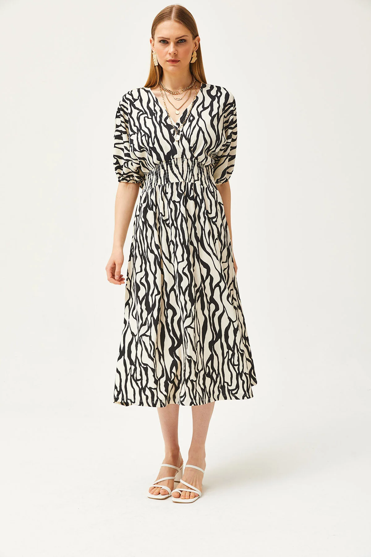 Olalook  Schwarzes Midikleid mit zweireihigem Kragen und umgeschlagener Taille für Damen ELB-19002100